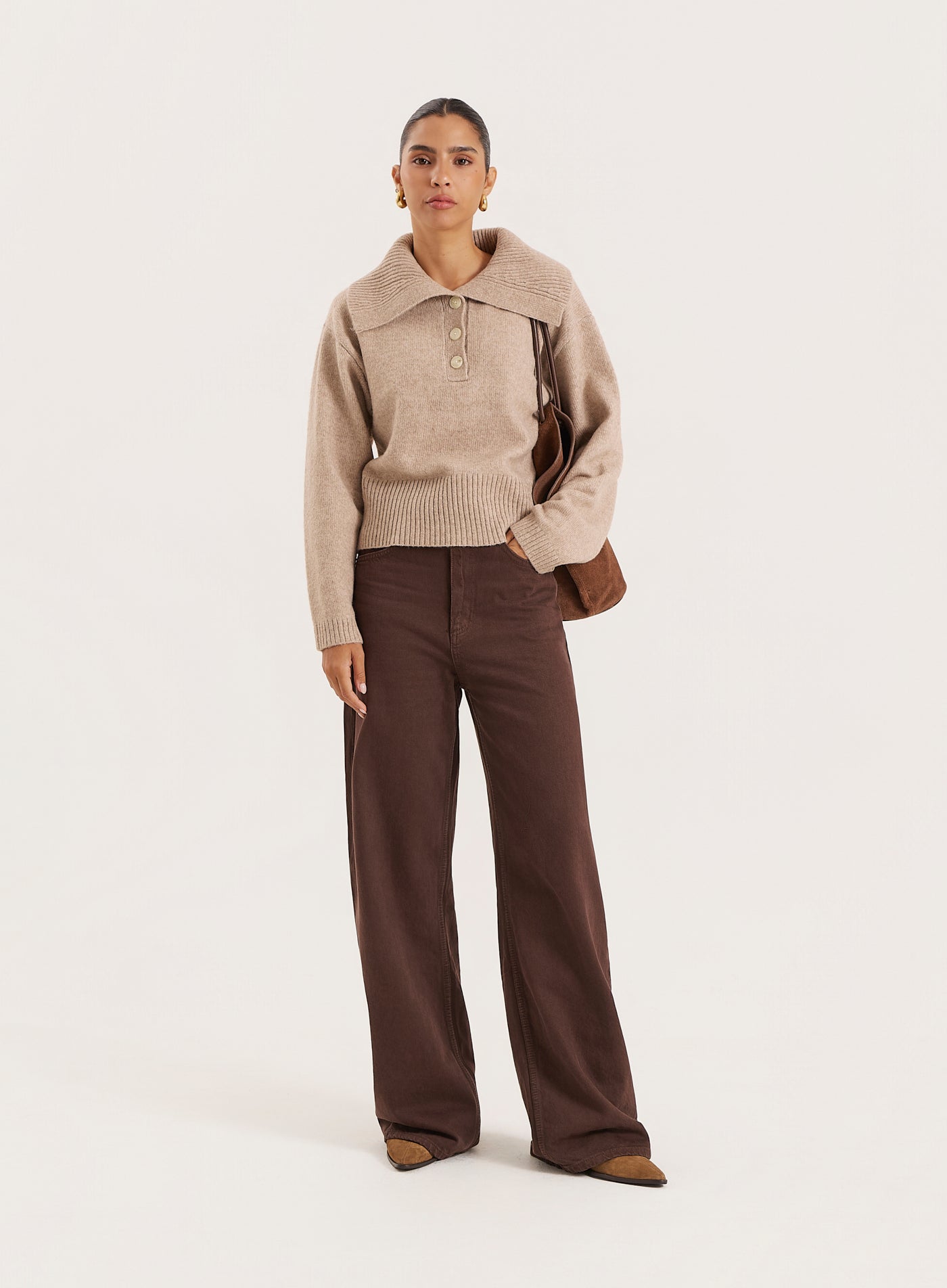 Beige Knitted Buttoned Collar Jumper