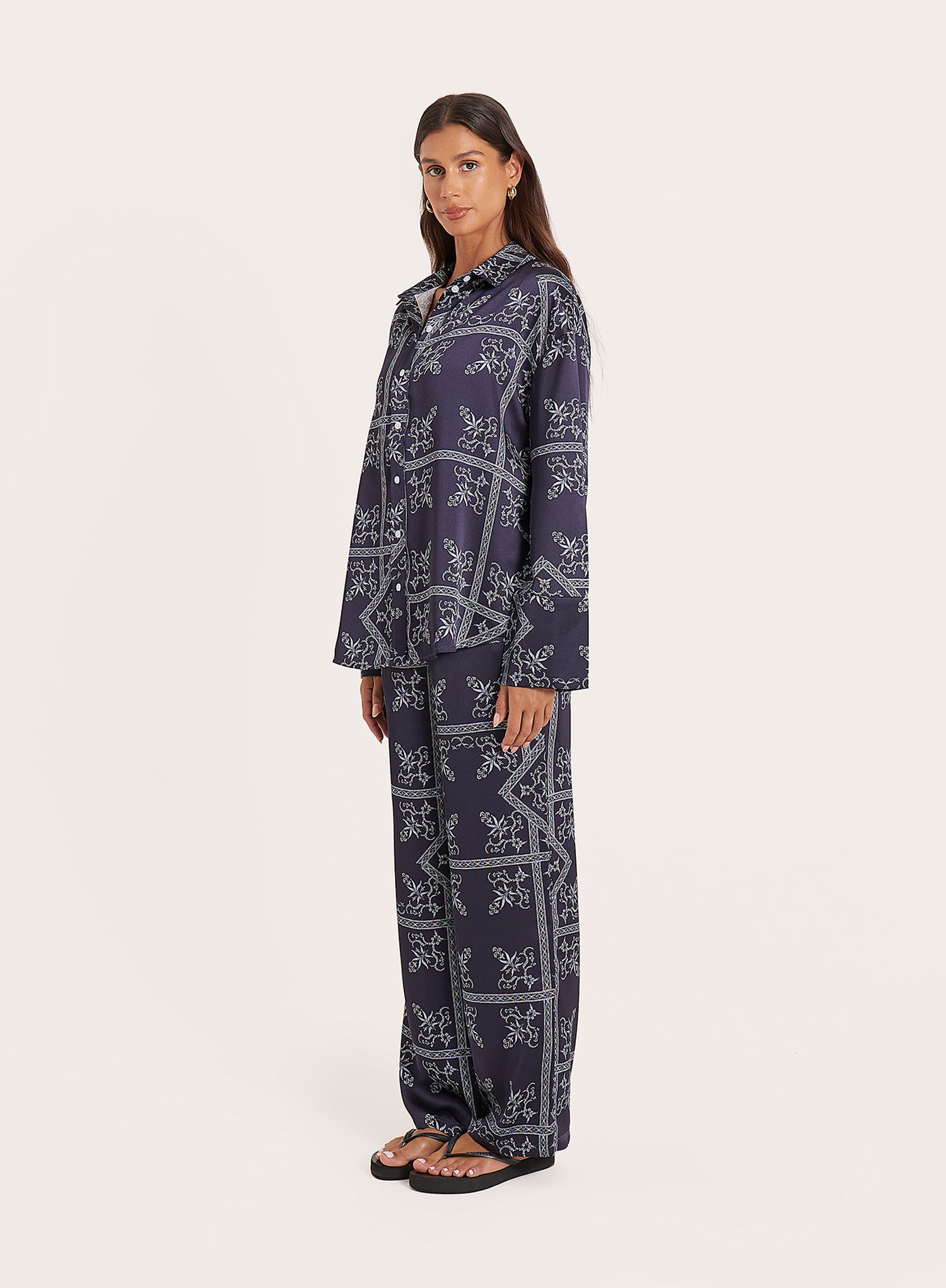 Navy Paisley Print Satin Trousers