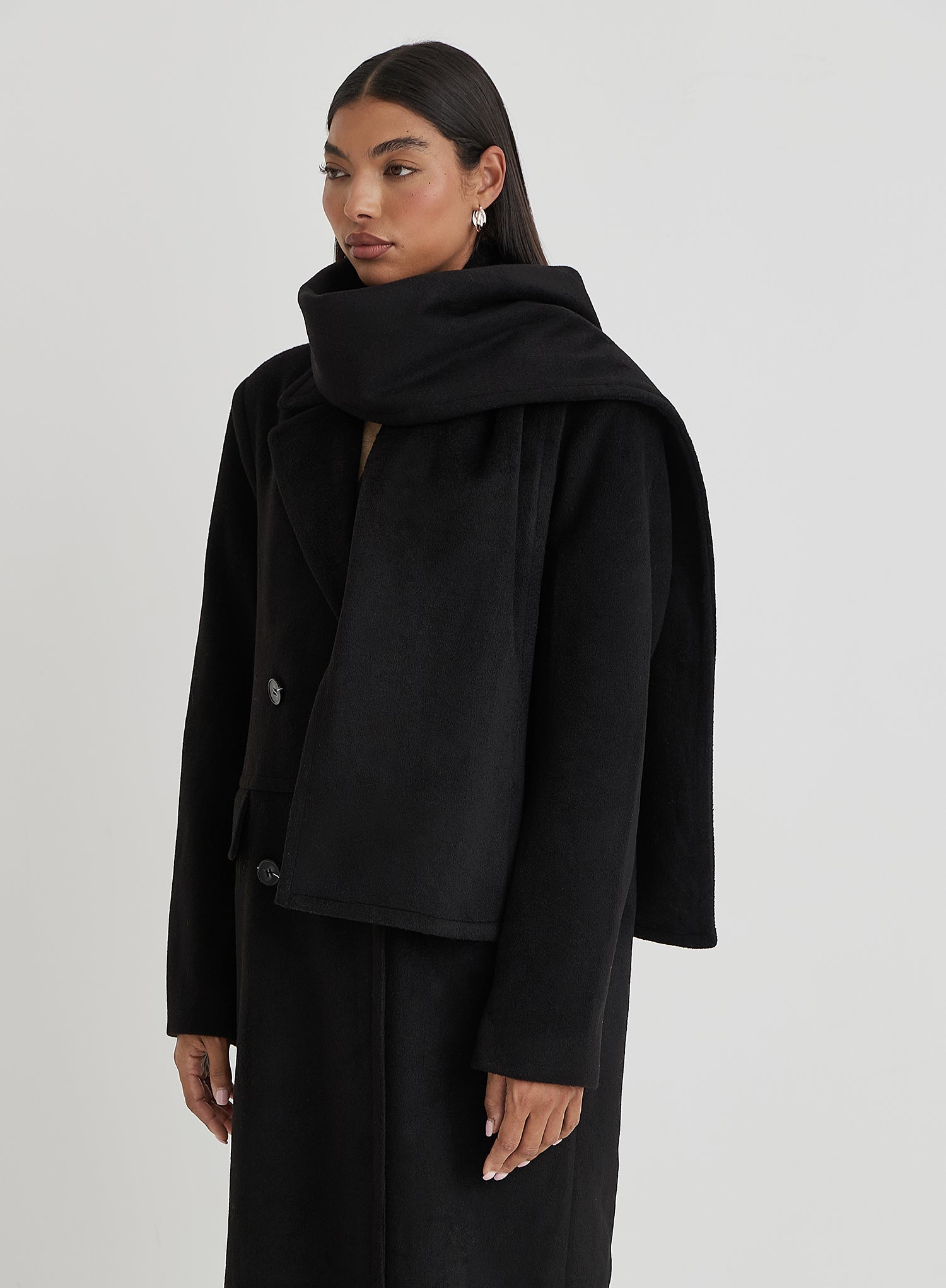 Black Tailored Oversized Maxi Coat With Scarf- Melia