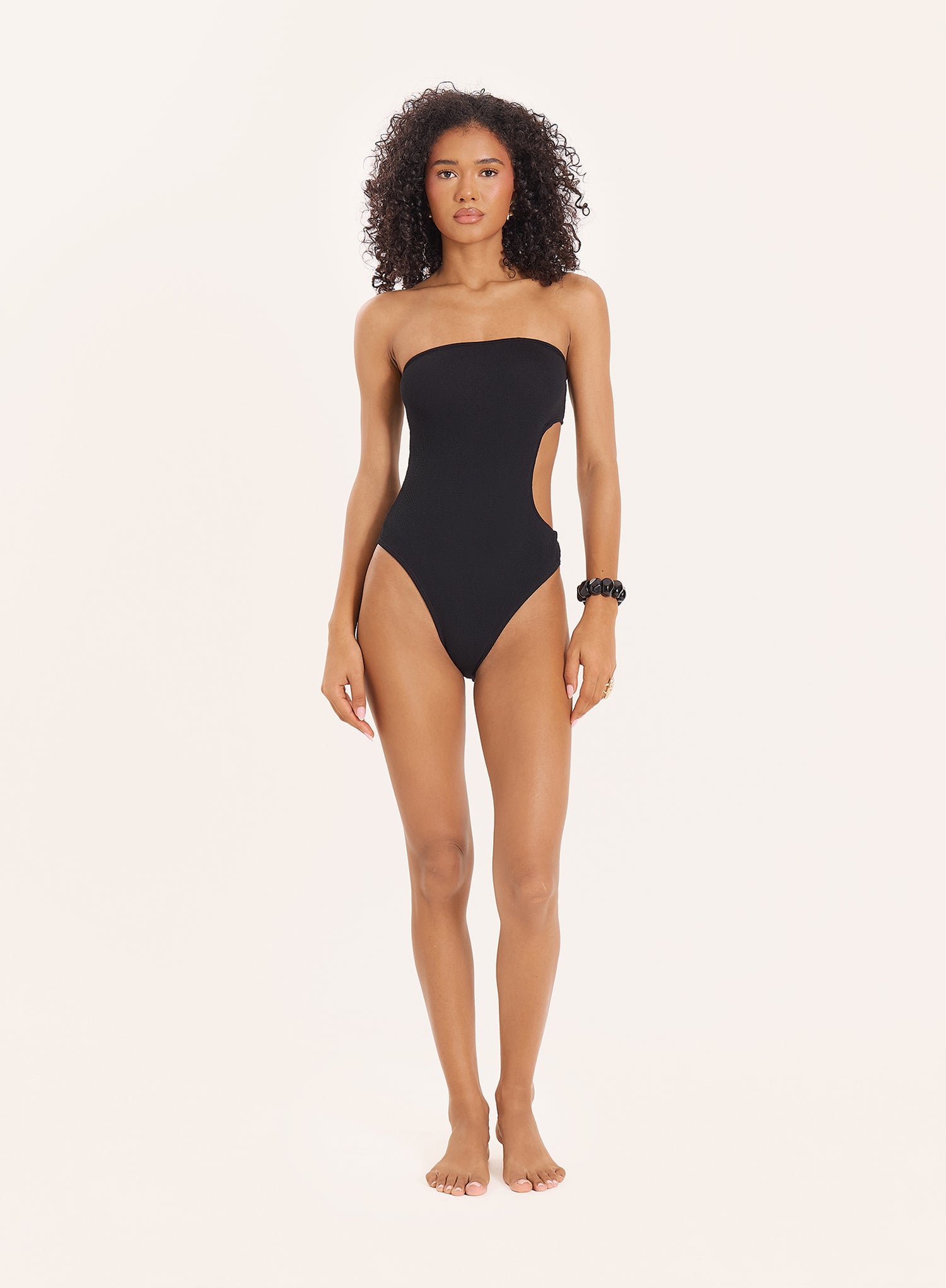 Black Spiral Hardware Cut Out Crinkle Bandeau Swimsuit