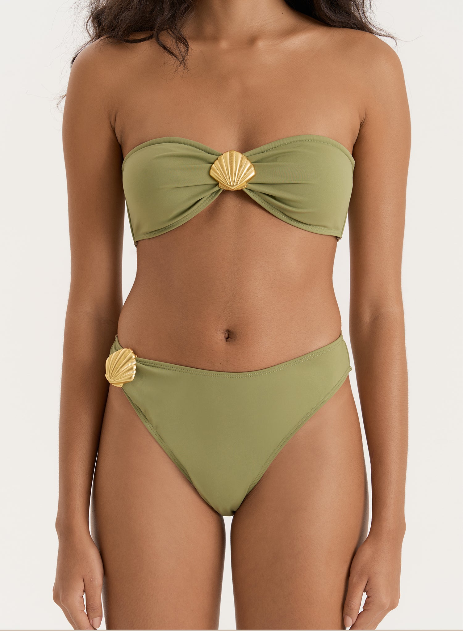 Olive Shell Buckle Bandeau Bikini Top- Tamia