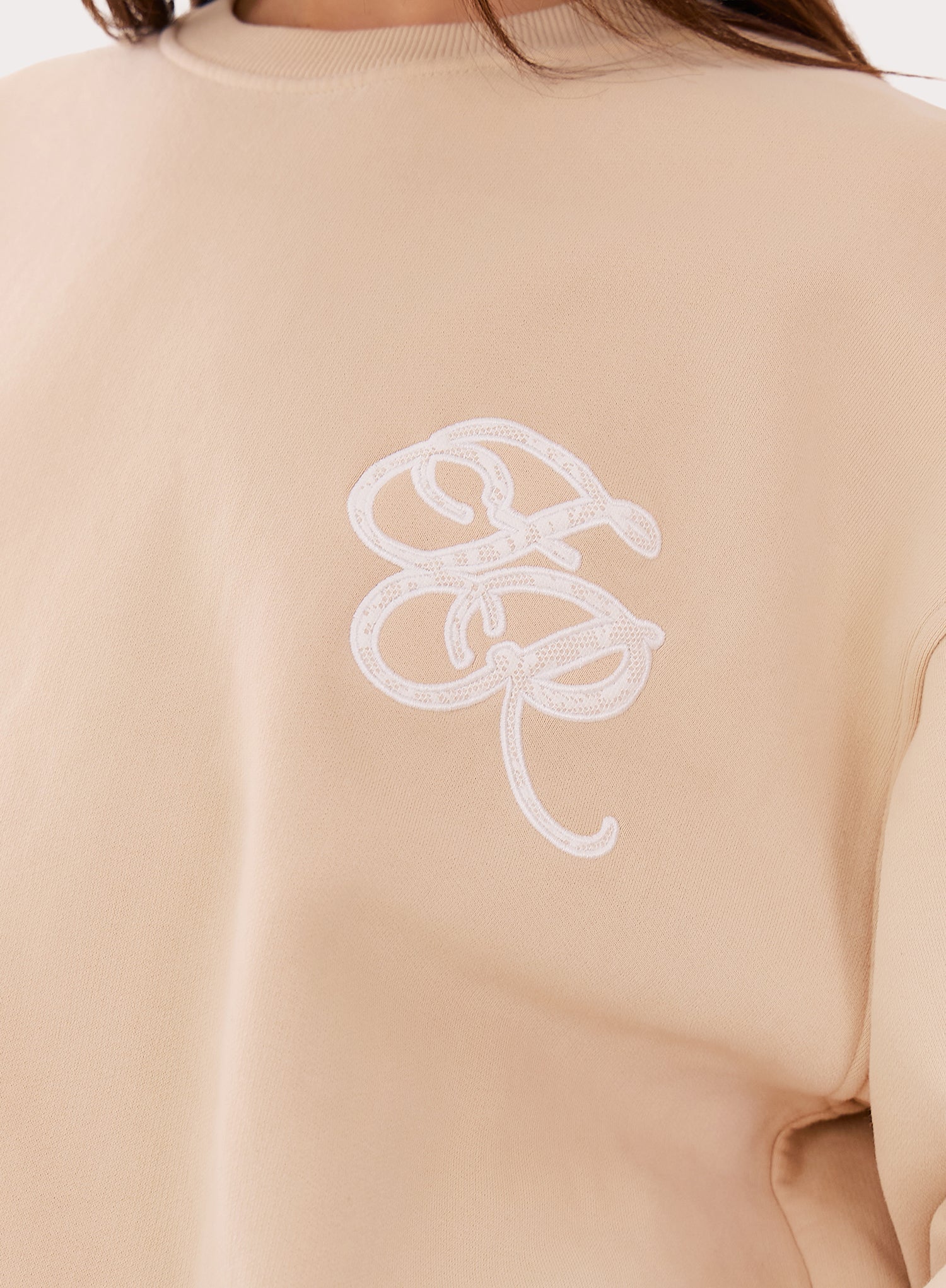 Beige Embroidered Lace Branded Oversized Sweatshirt