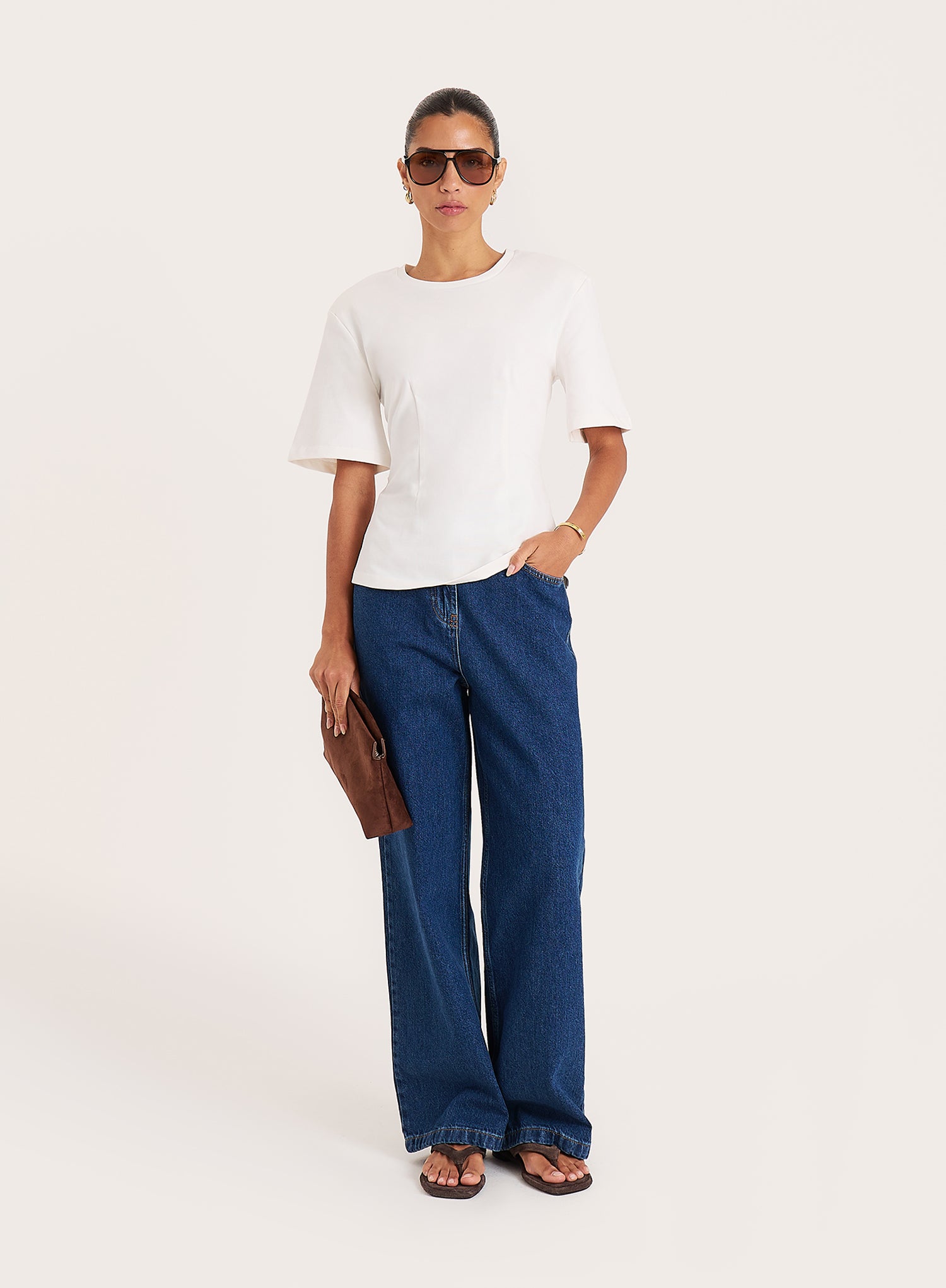 White Shoulder Pad Cinched Waist T-Shirt