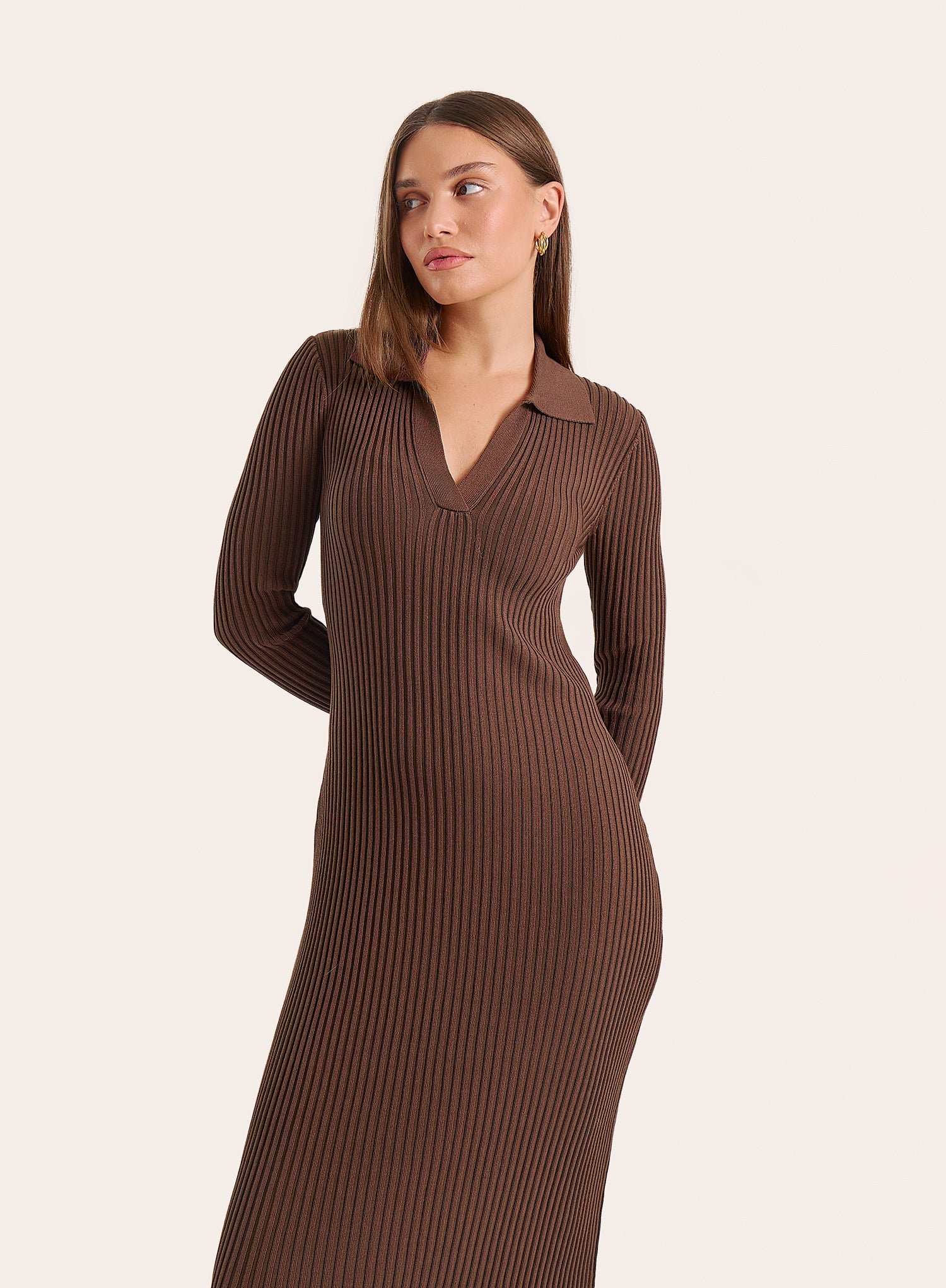 Chocolate Polo Collar Knitted Maxi Dress