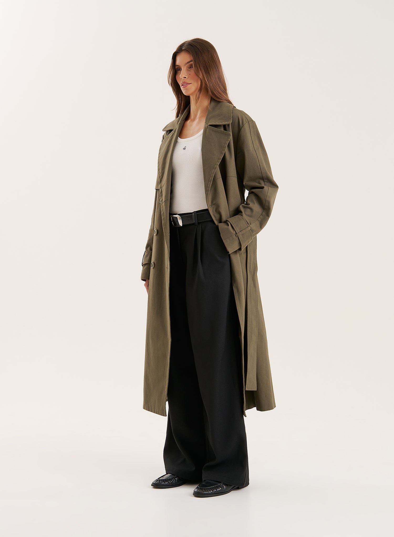 Khaki Belted Longline Trench Coat