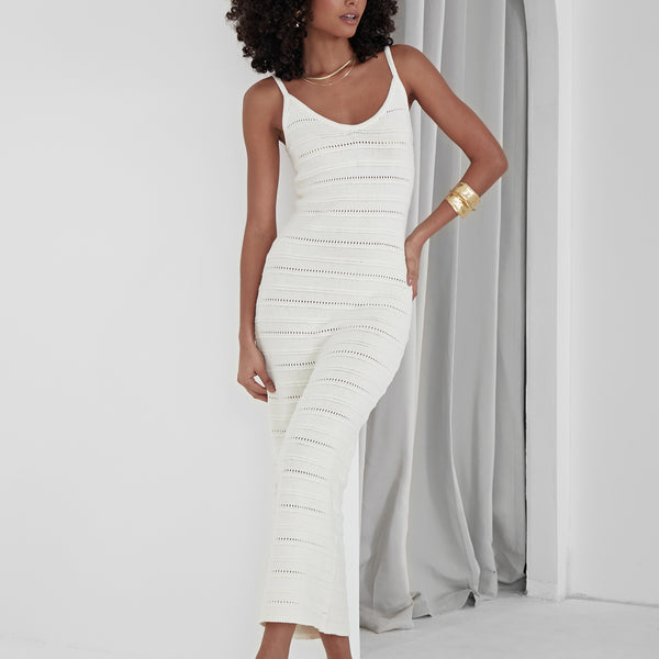 Twist-detail rib-knit bandeau dress - White/Striped - Ladies