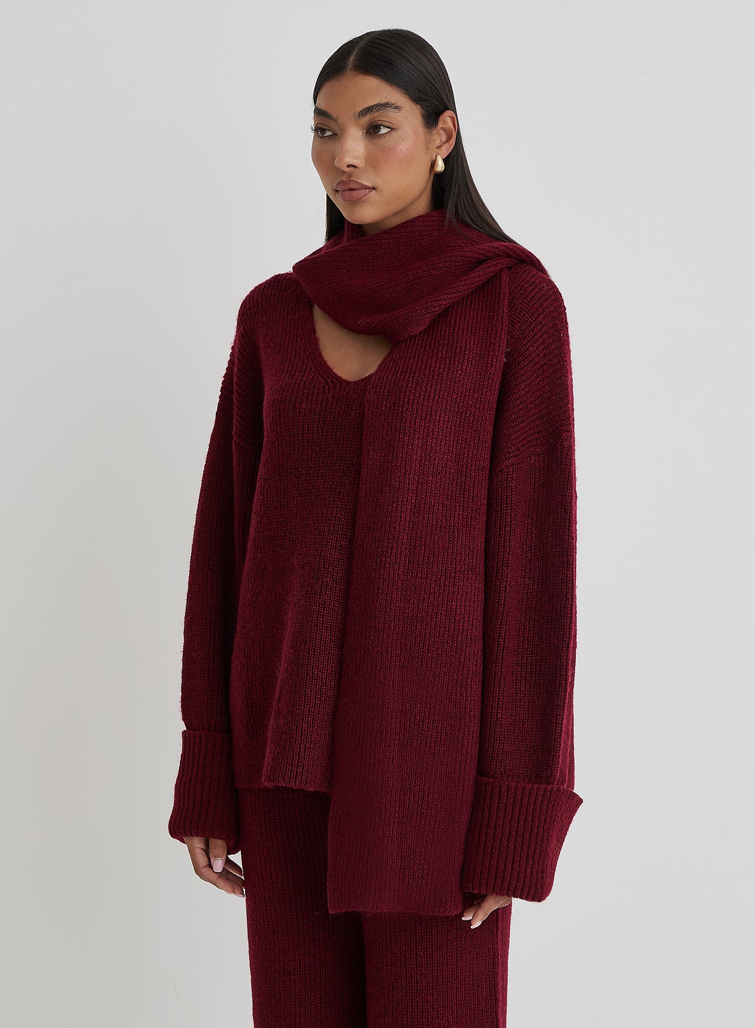 Burgundy Slouchy Knitted Jumper With Scarf - Remy