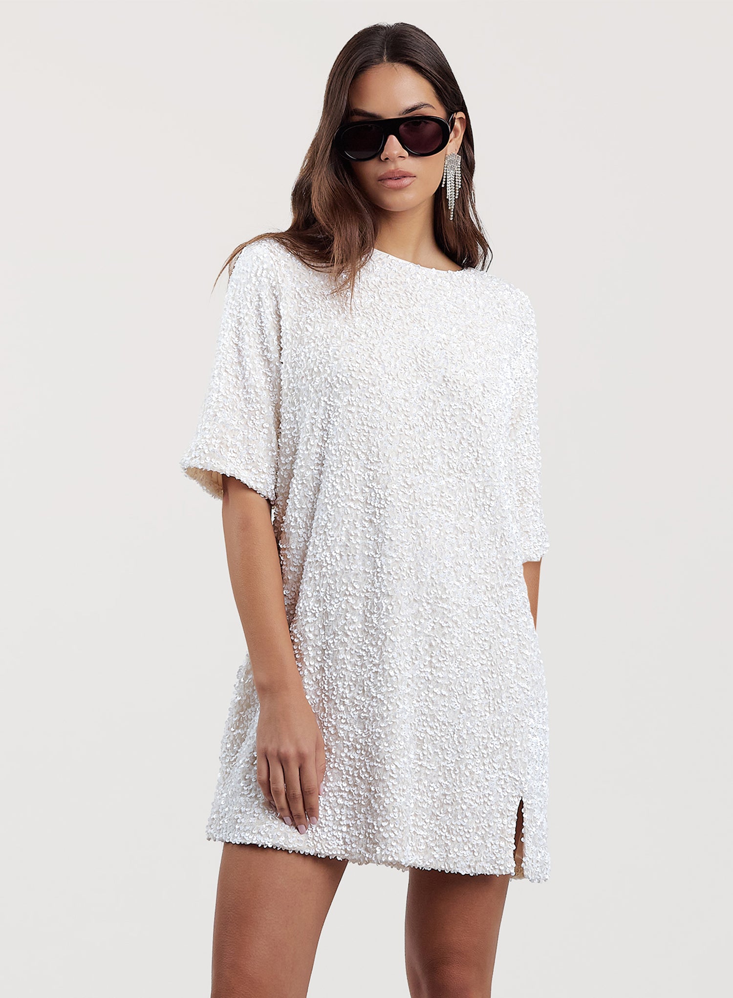 Cream Sequin Bow Tie Back Mini Dress