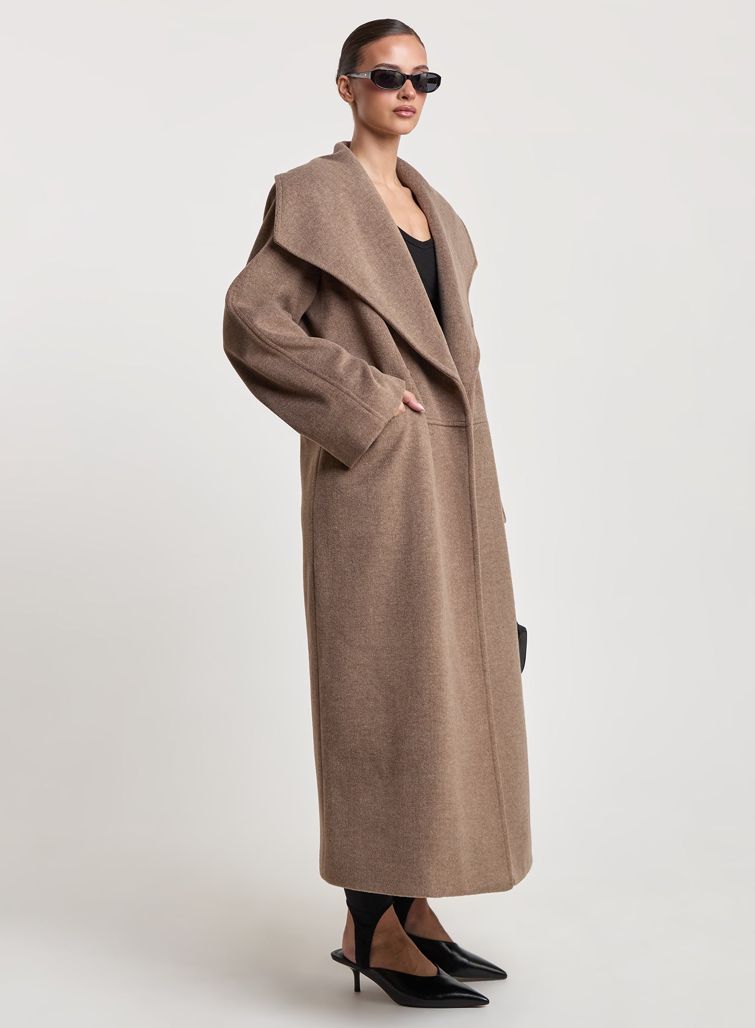 Brown Marl Shawl Collar Longline Coat