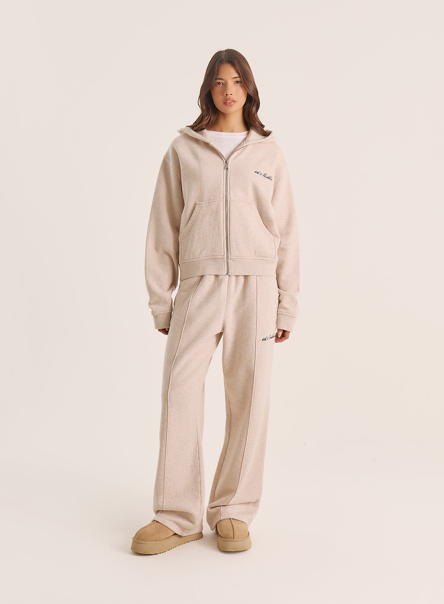 Oatmeal Script Logo Detail Zip Hoodie