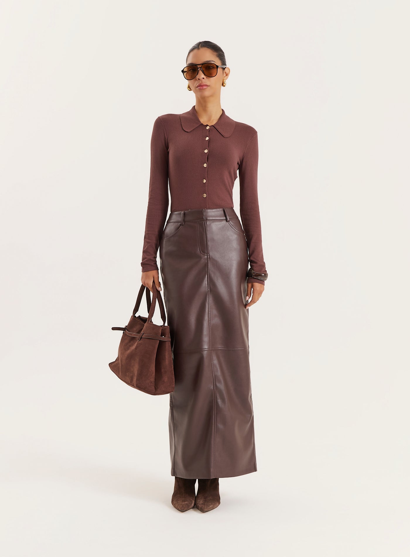 Chocolate Tailored PU Maxi Skirt