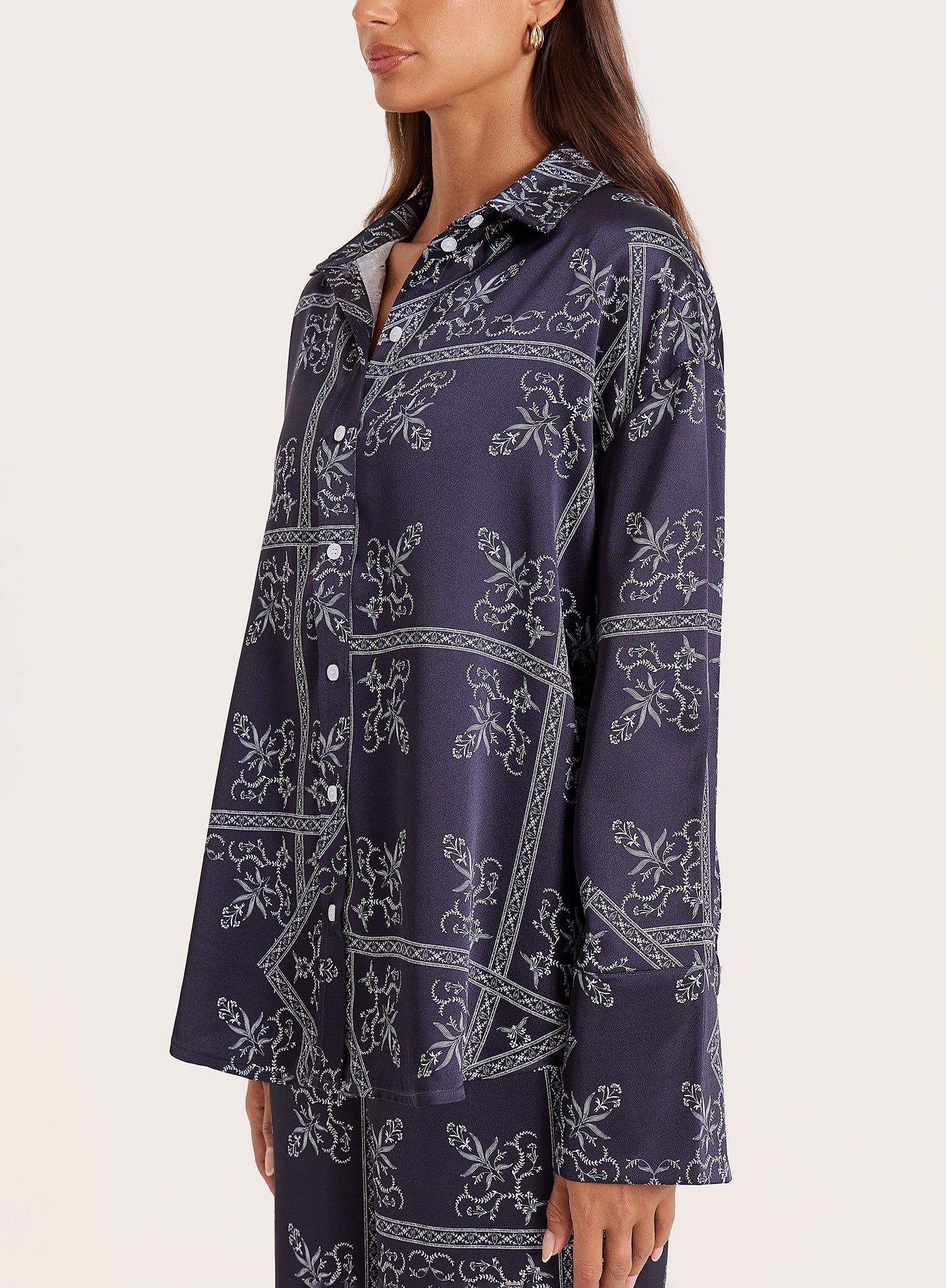Navy Paisley Print Satin Shirt
