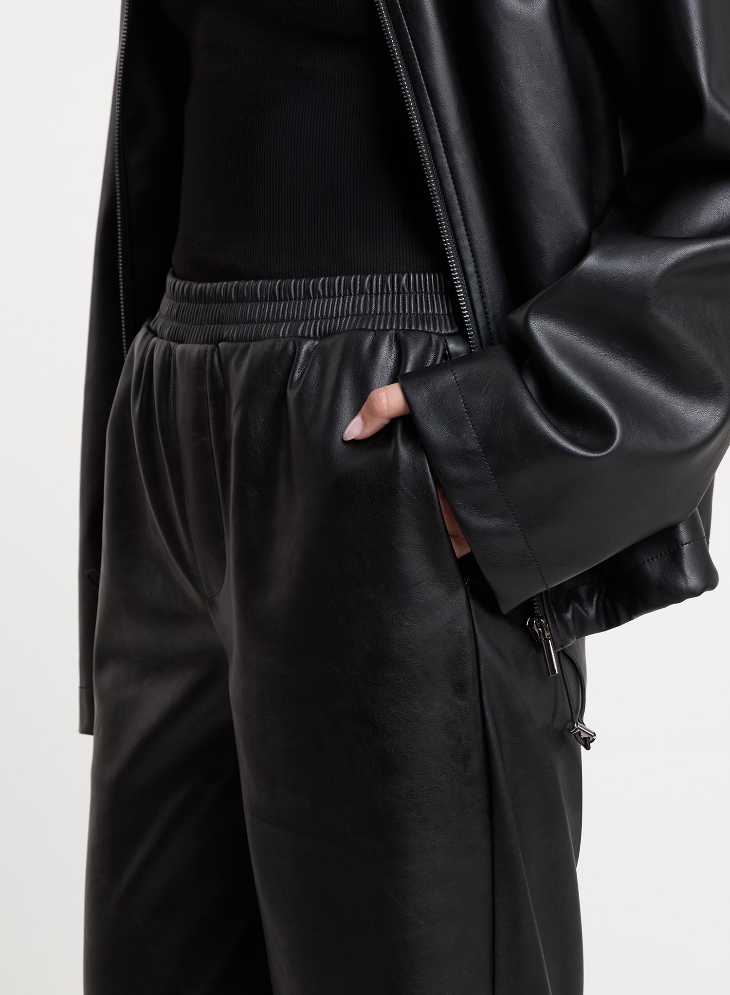 Black Faux Leather Barrel Leg Trousers