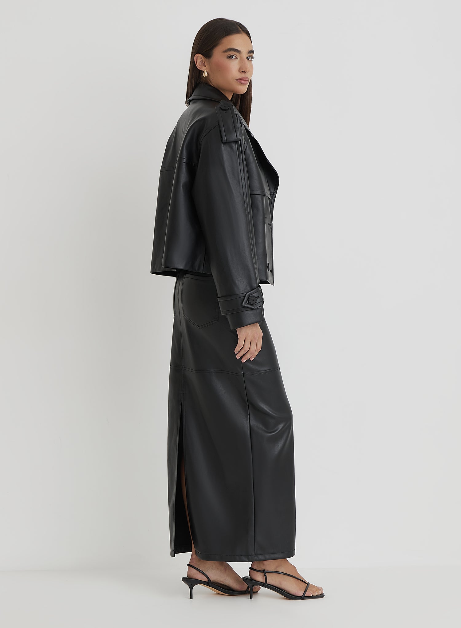 Black Faux Leather Cropped Trench Coat- Dayna