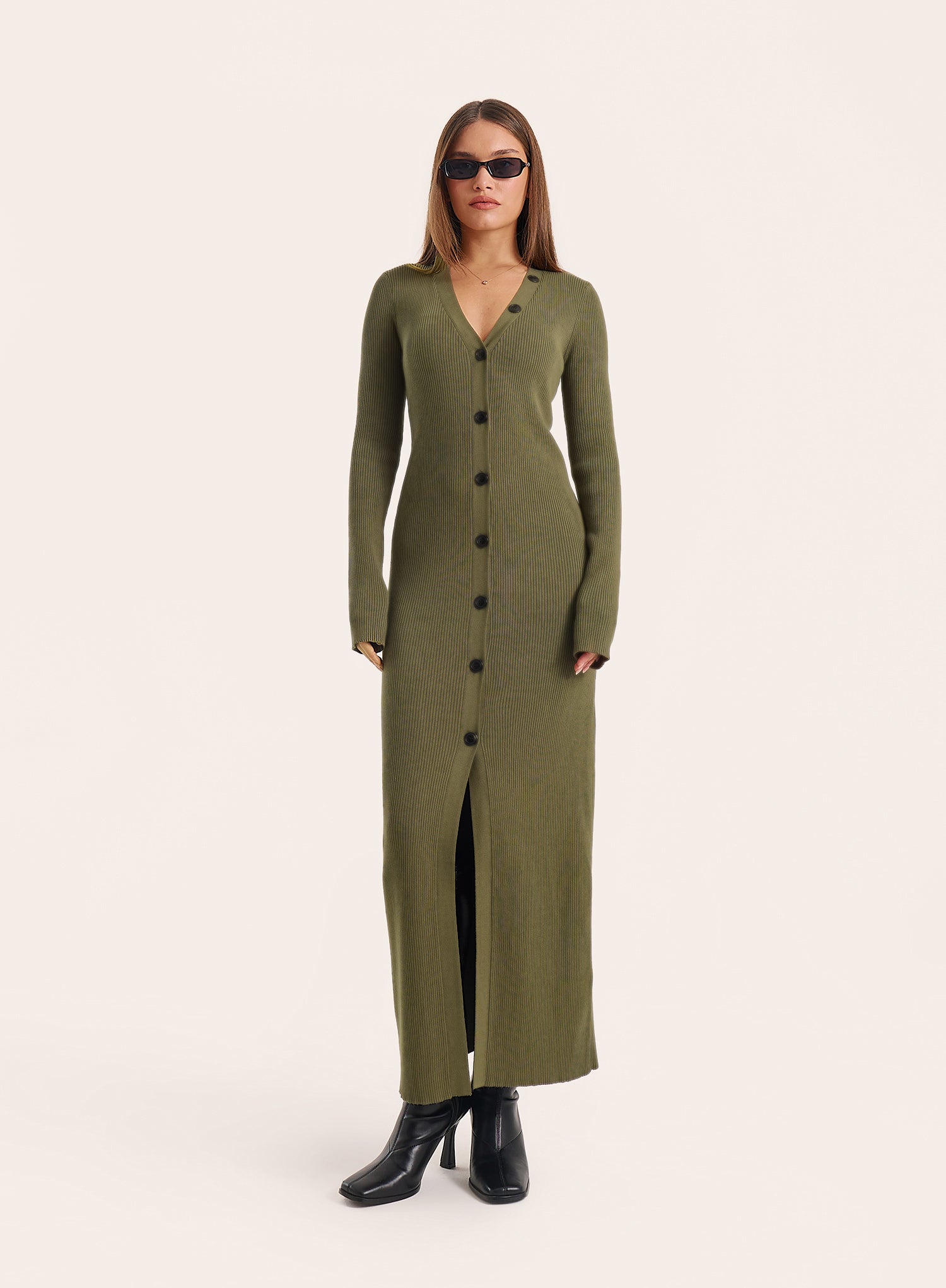 Olive V Neck Knitted Longline Cardigan