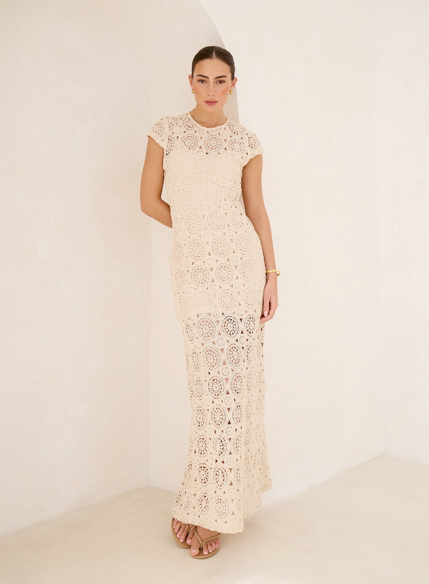 Cream Crochet Cap Sleeve Maxi Dress