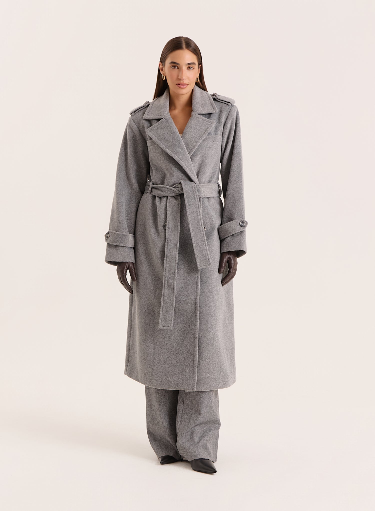 Grey Tailored Belted Longline Trench Coat