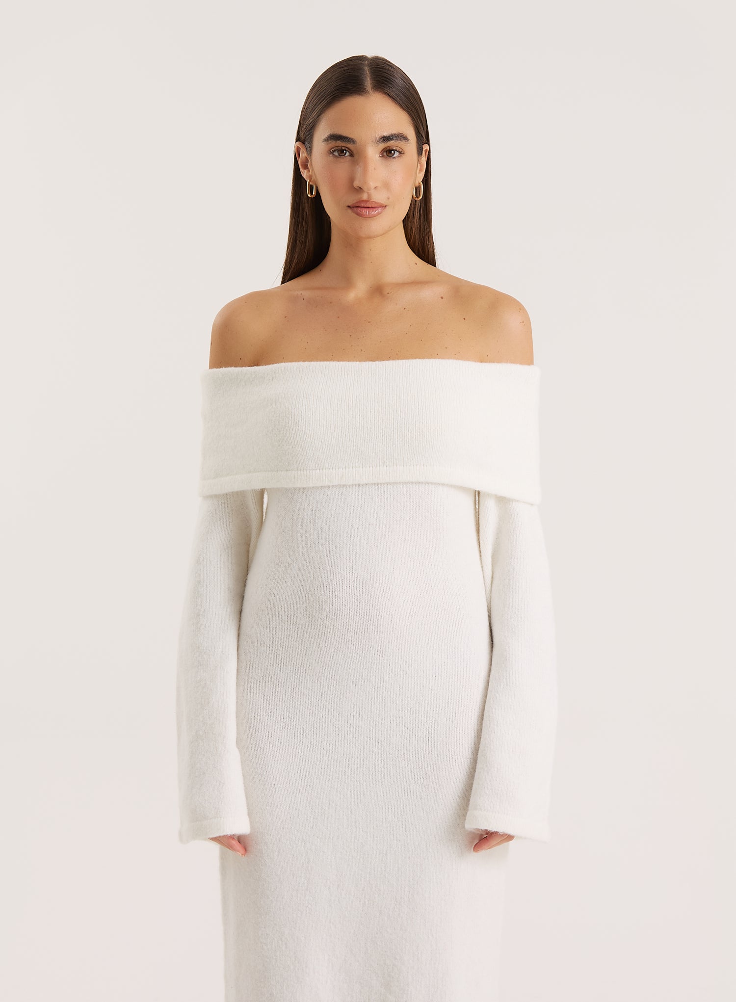Cream Off Shoulder Wool Blend Knitted Maxi Dress