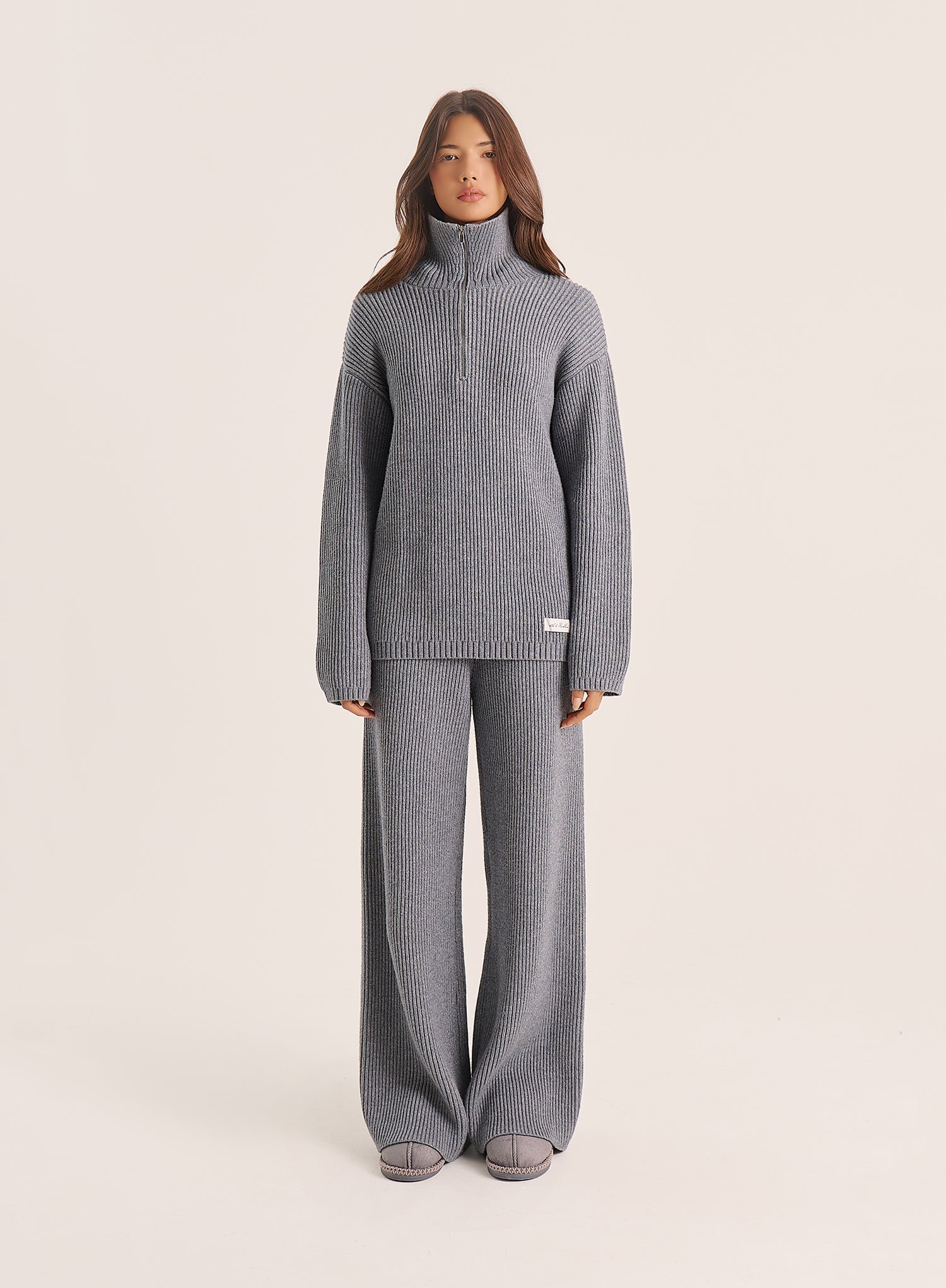 Light Grey Ribbed Knitted Wide Leg Trousers