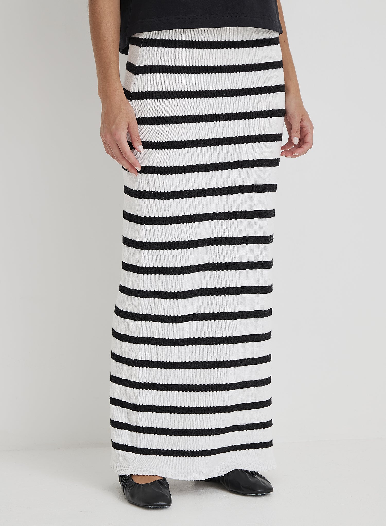 Women's Black and White Stripe Knit Maxi Skirt Rico 4th Reckless