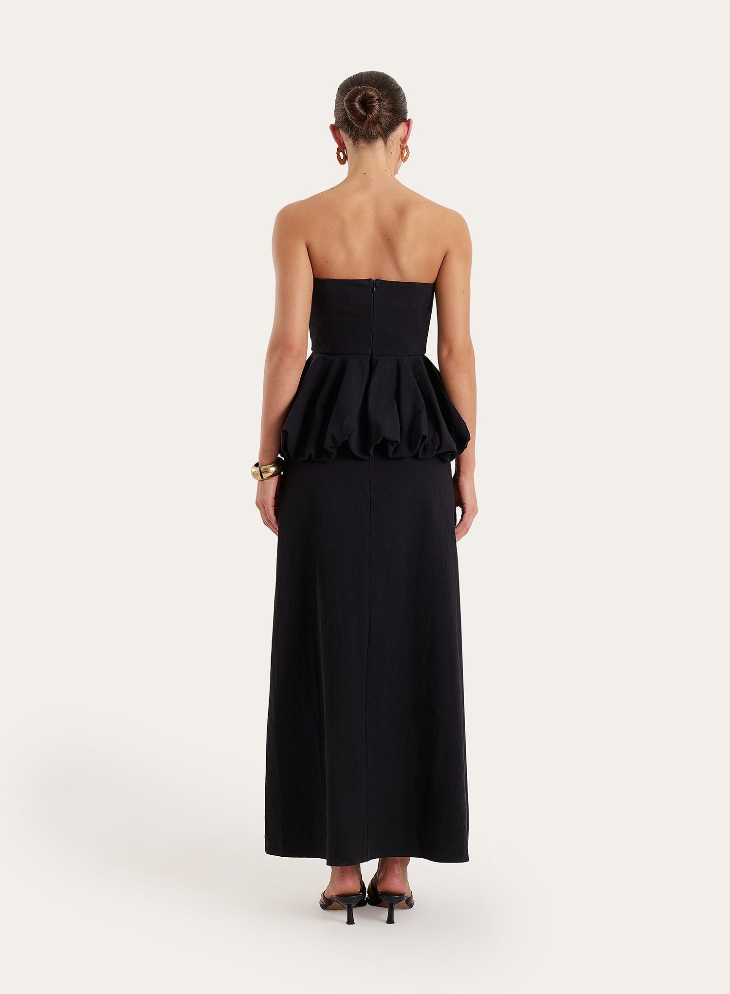 Black Puff Ball Peplum Waist Maxi Dress