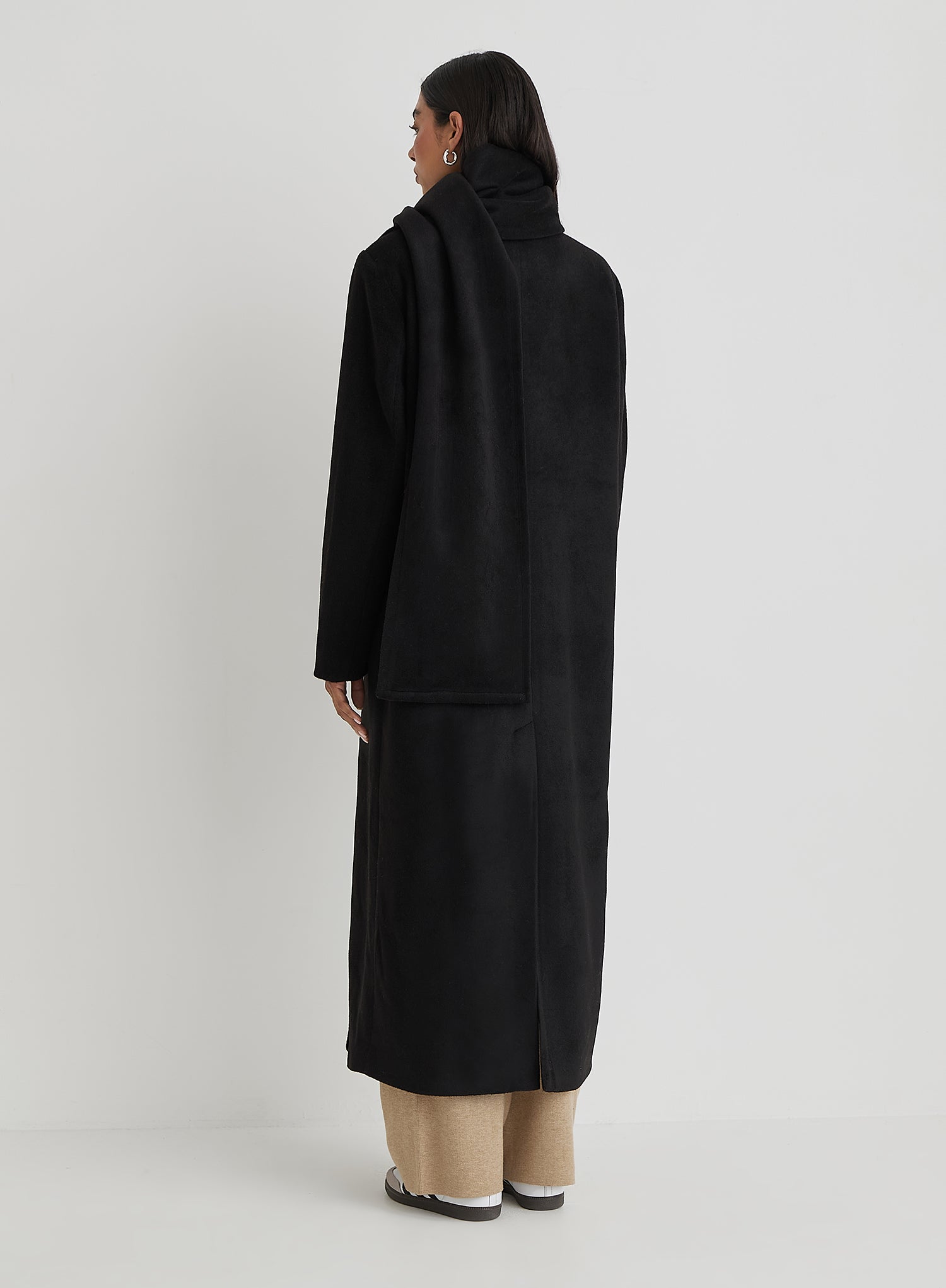 Black Tailored Oversized Maxi Coat With Scarf- Melia