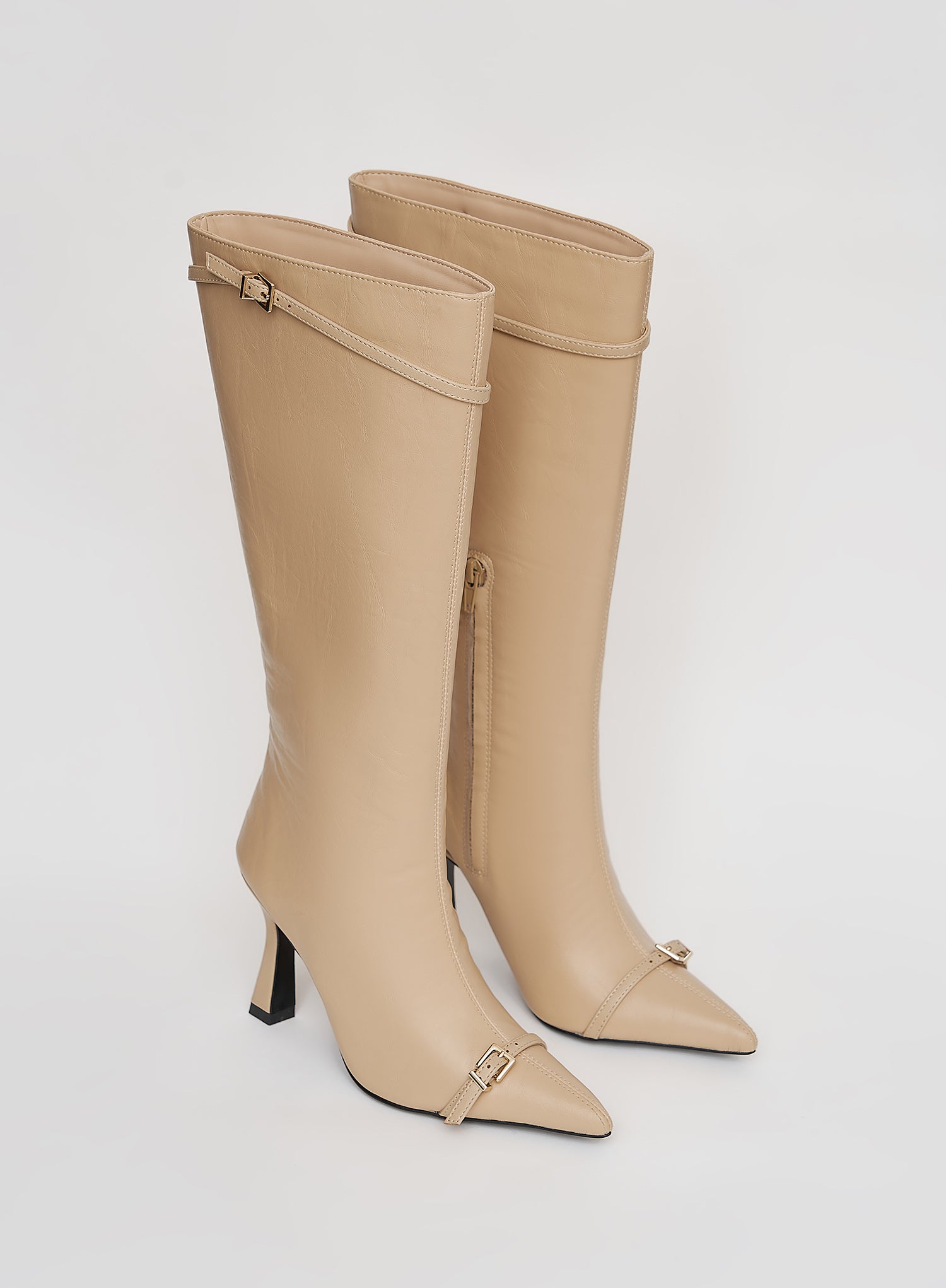 Beige Buckle Front Knee High Boots- Mayfair