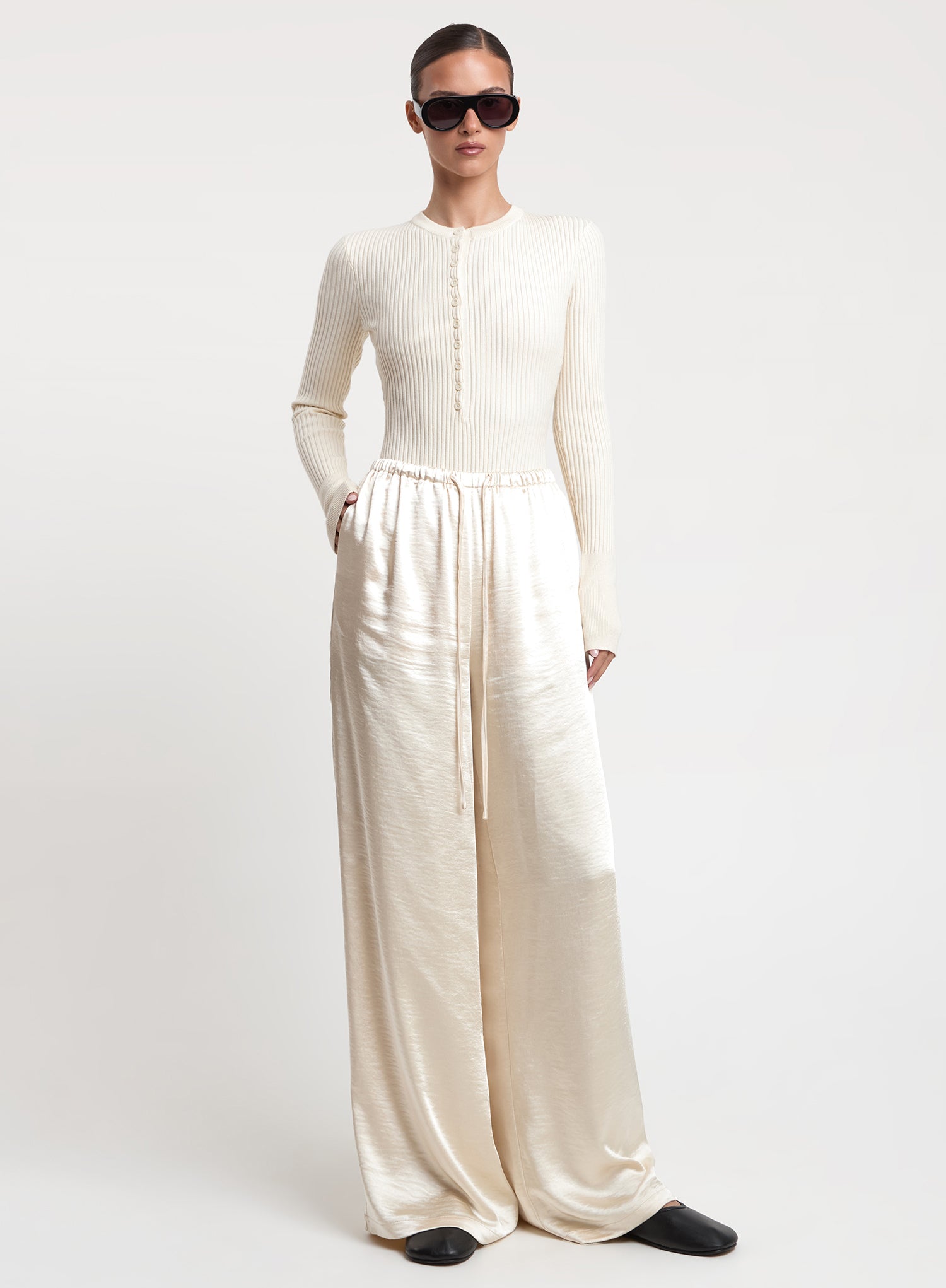 Cream Satin Elasticated Waist Wide Leg Trouser