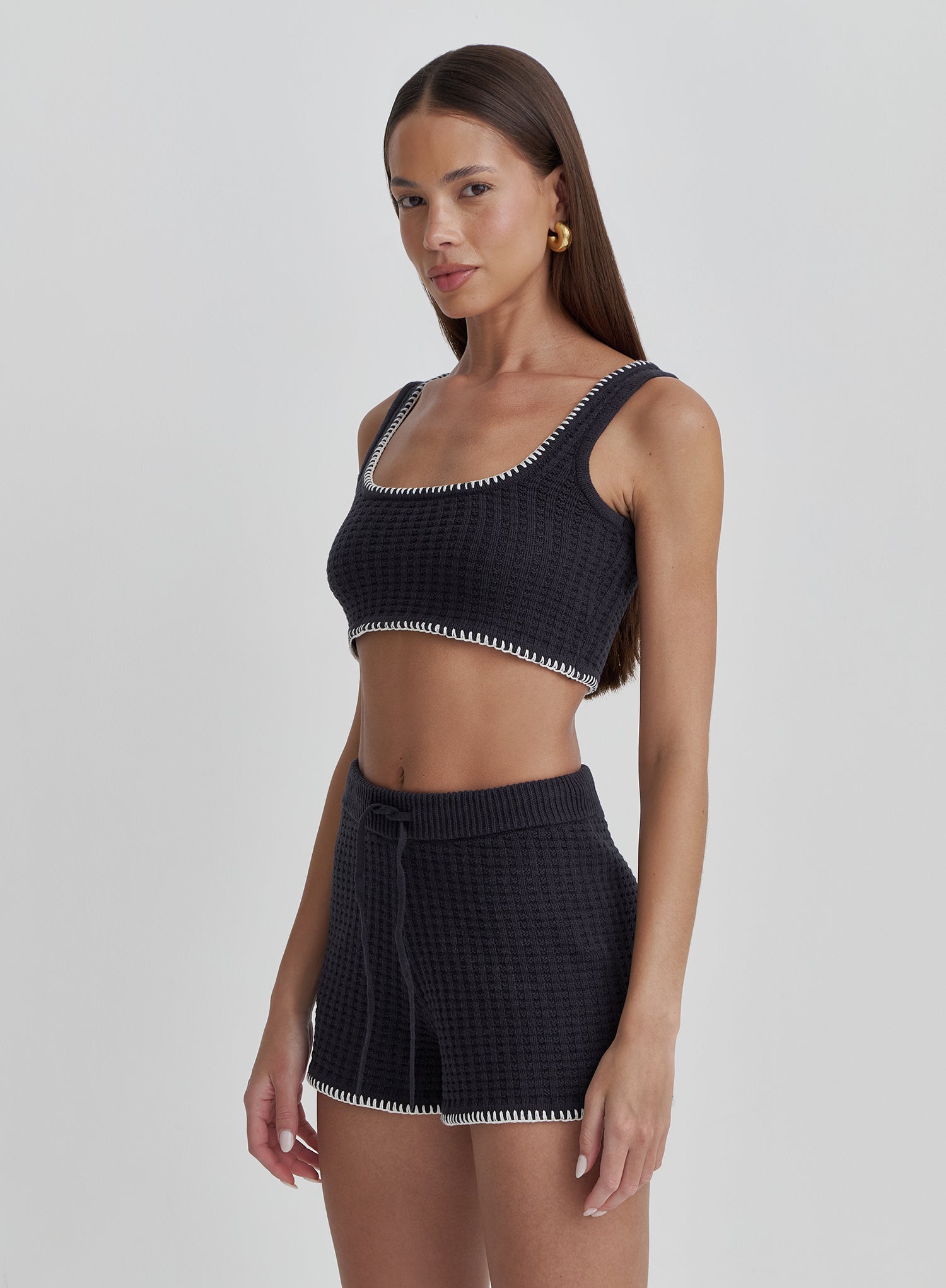 Navy Contrast Stitch Crop Top- Juliette