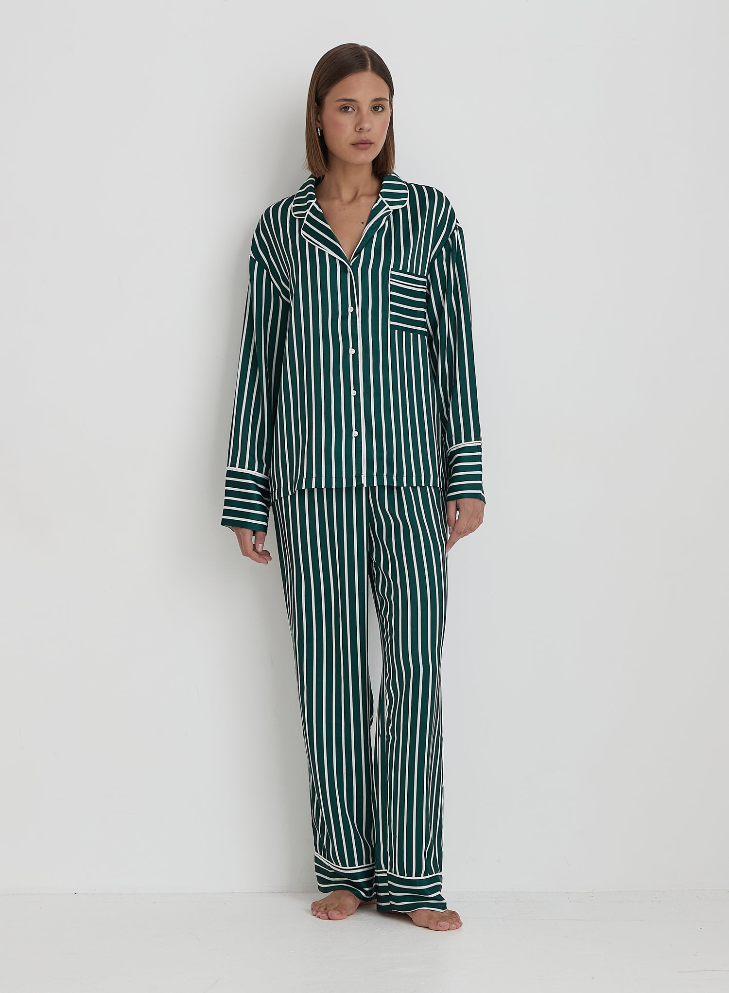 Green Striped Satin Pyjama Shirt- Noelle