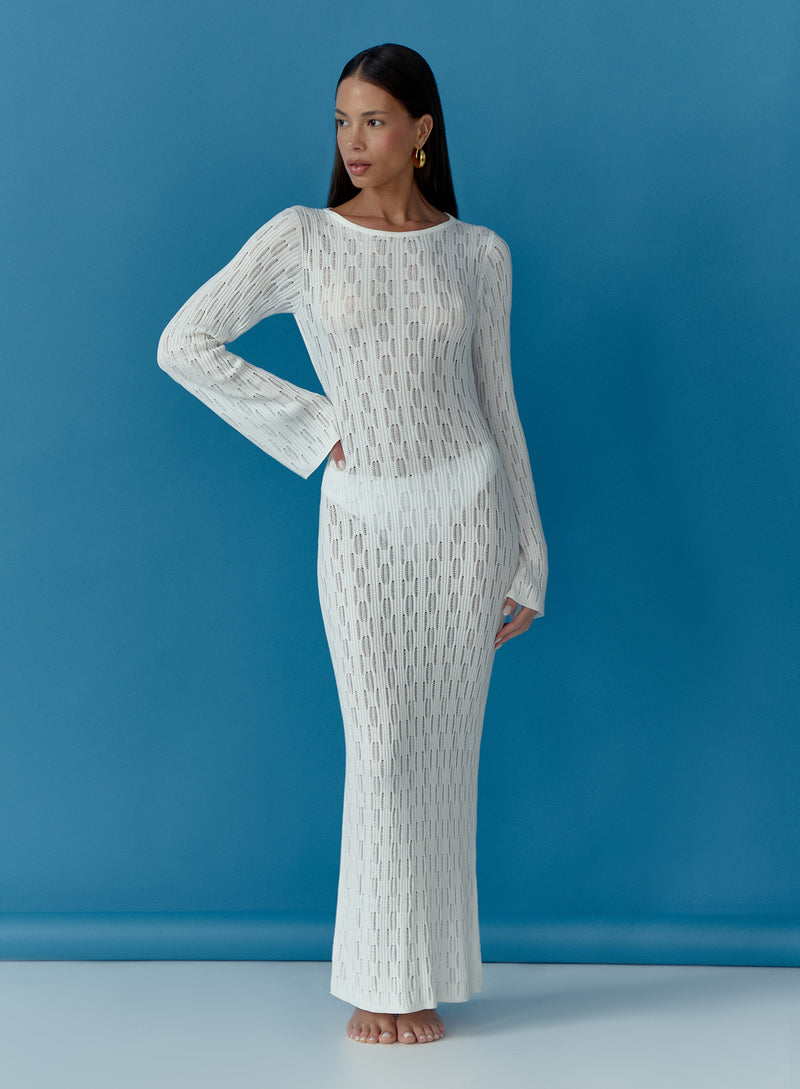 White Open Back Long Sleeve Knitted Dress- Oceane