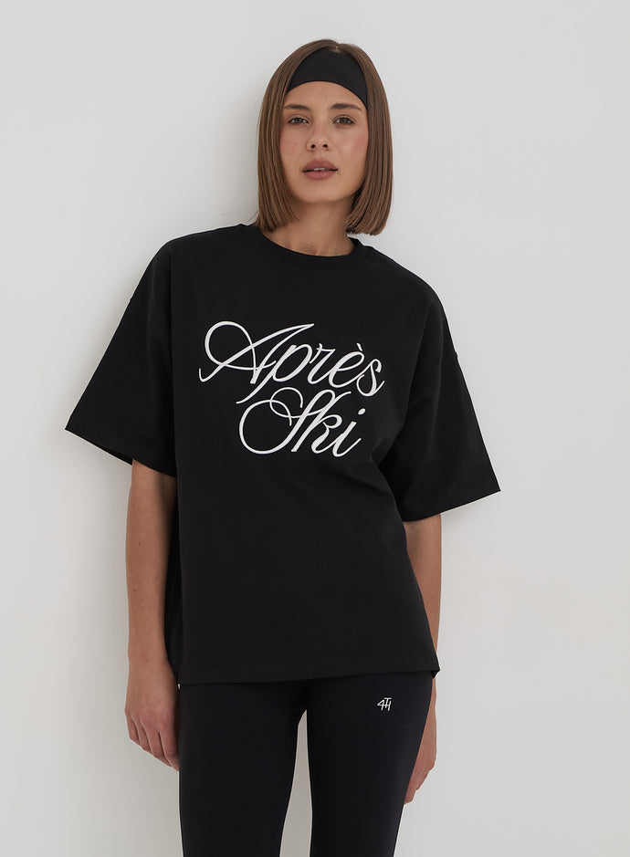 Black Embroidered Apres Ski Slogan T-Shirt- Asher