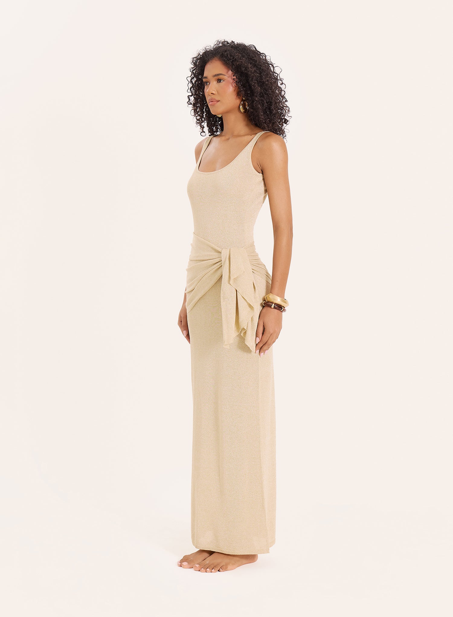 Gold Lurex Belt Detail Knitted Maxi Dress