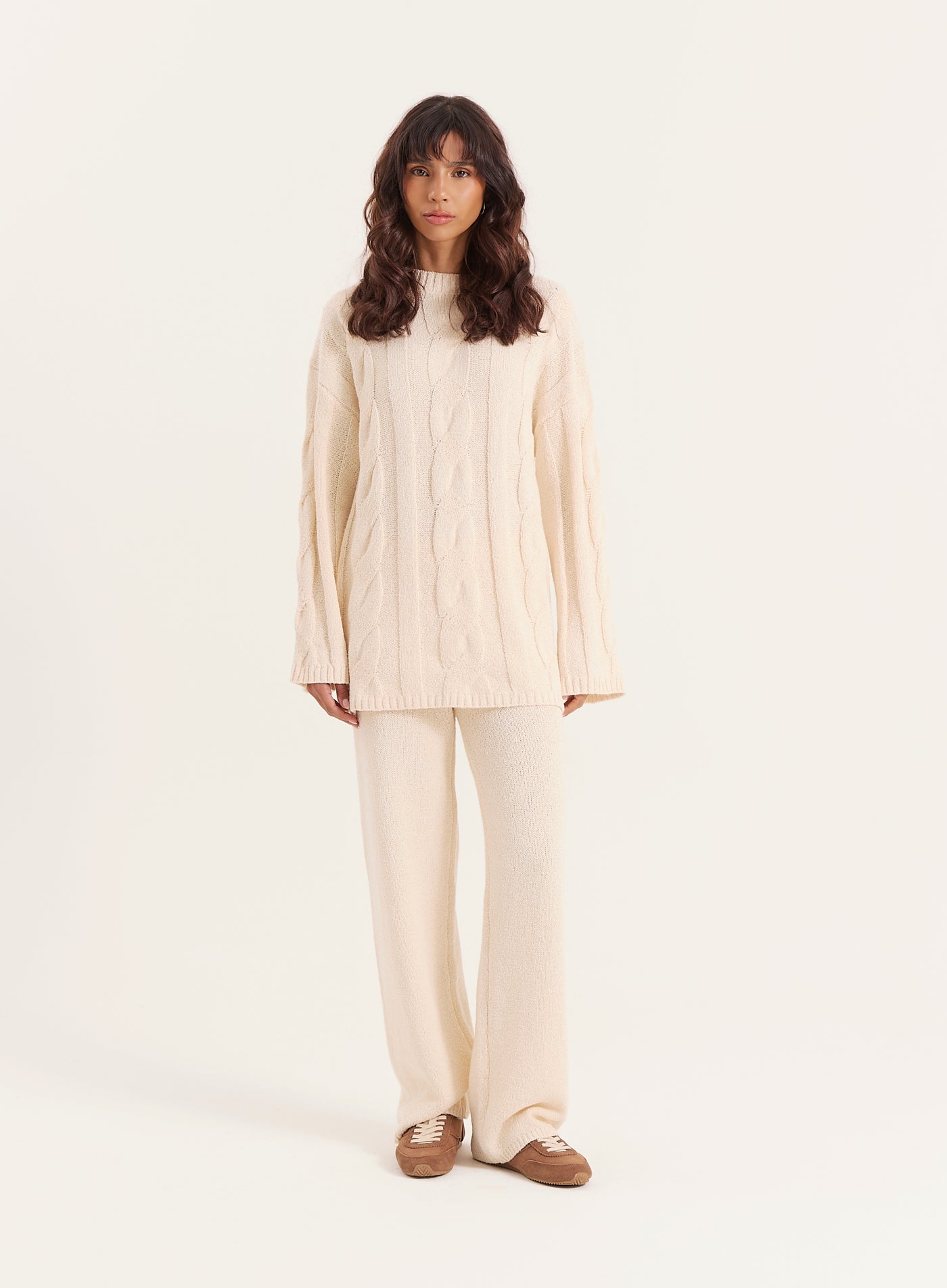 Ecru Fine Cable Knit Long Sleeve Jumper