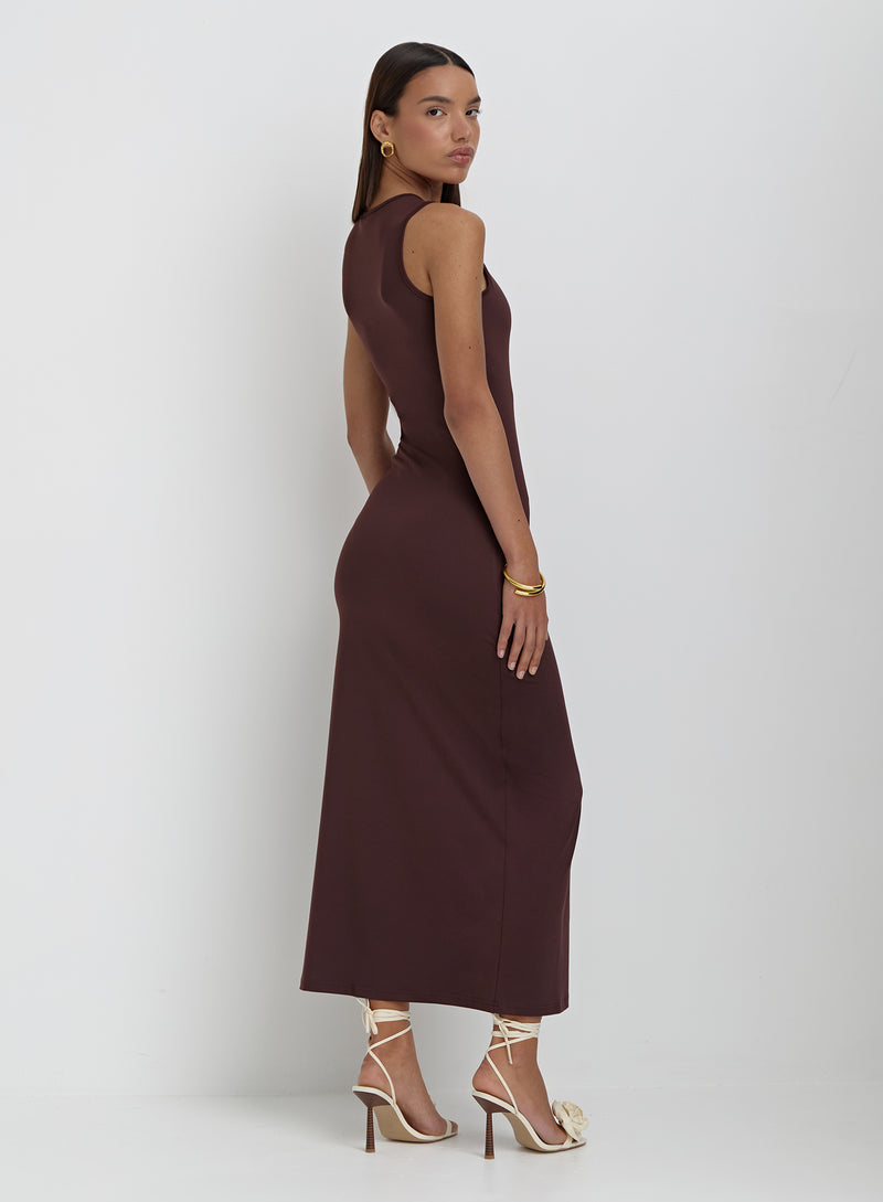Brown Slinky Side Split Maxi Dress- Lorena