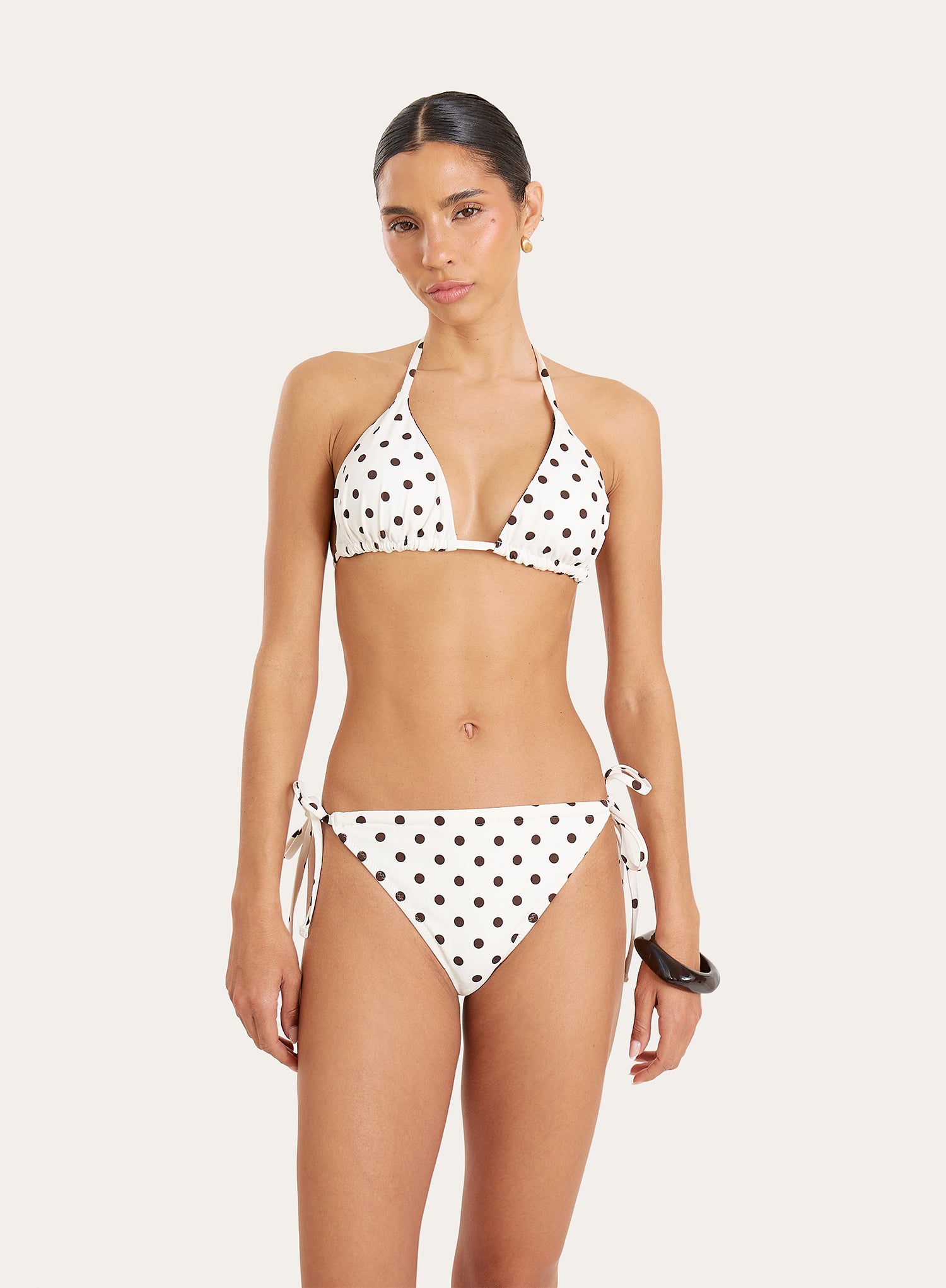 Brown And White Polka Dot Triangle Bikini Top