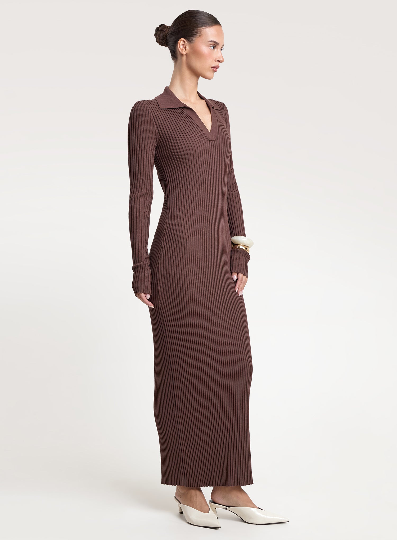 Chocolate Polo Collar Knitted Maxi Dress