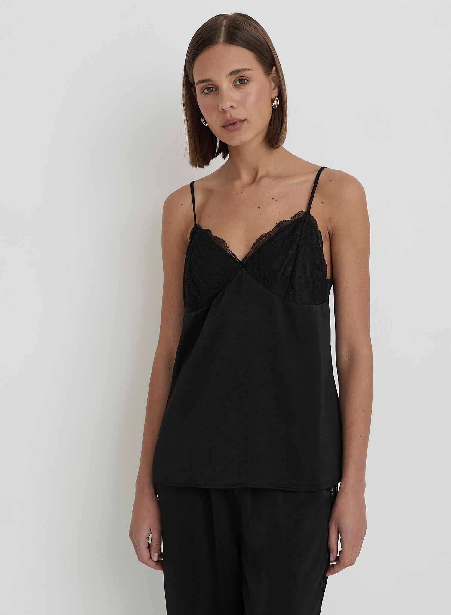 Black Satin Cami Pyjama Top- Belle