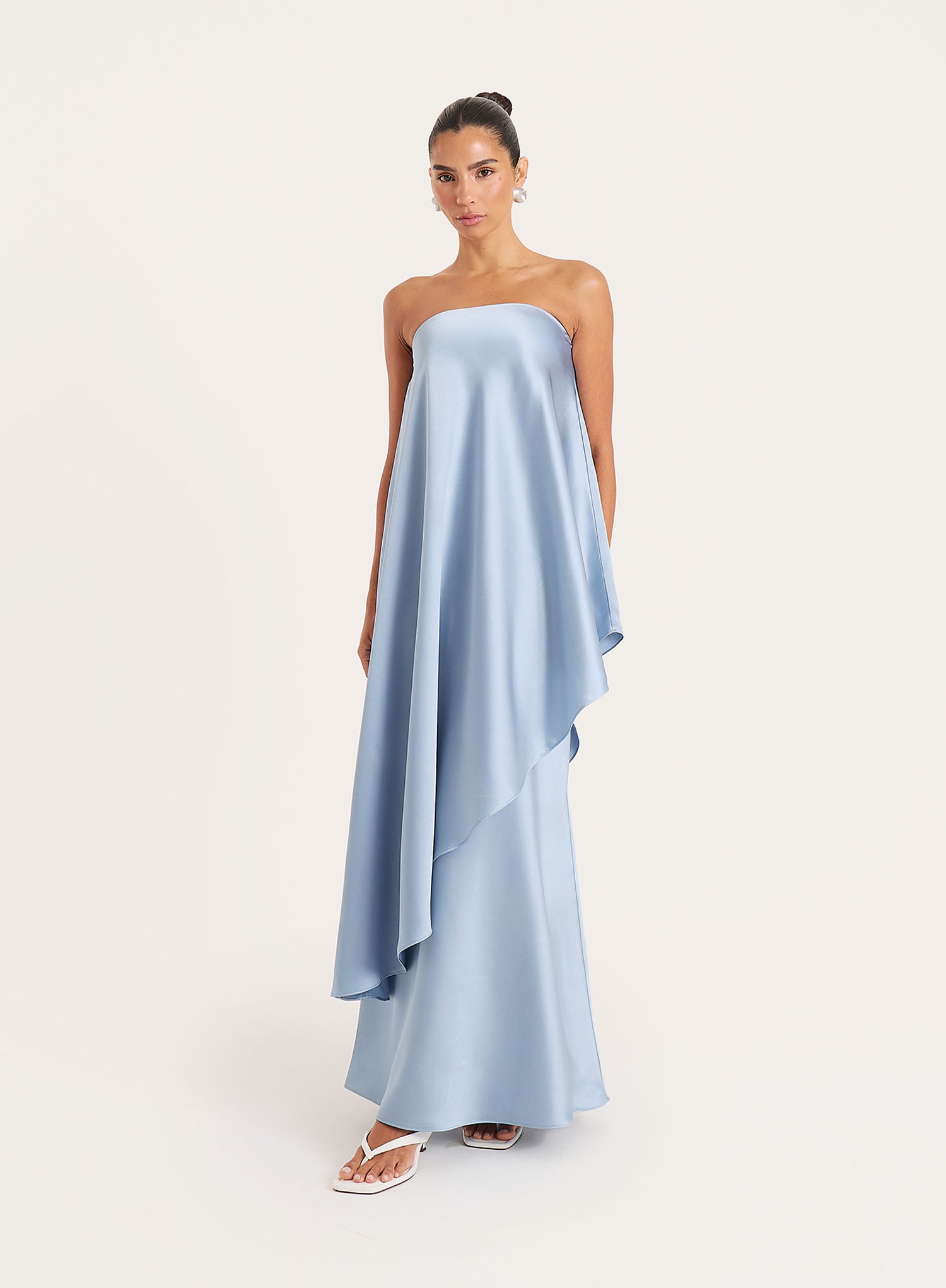 Blue Asymmetric Bandeau Satin Maxi Dress