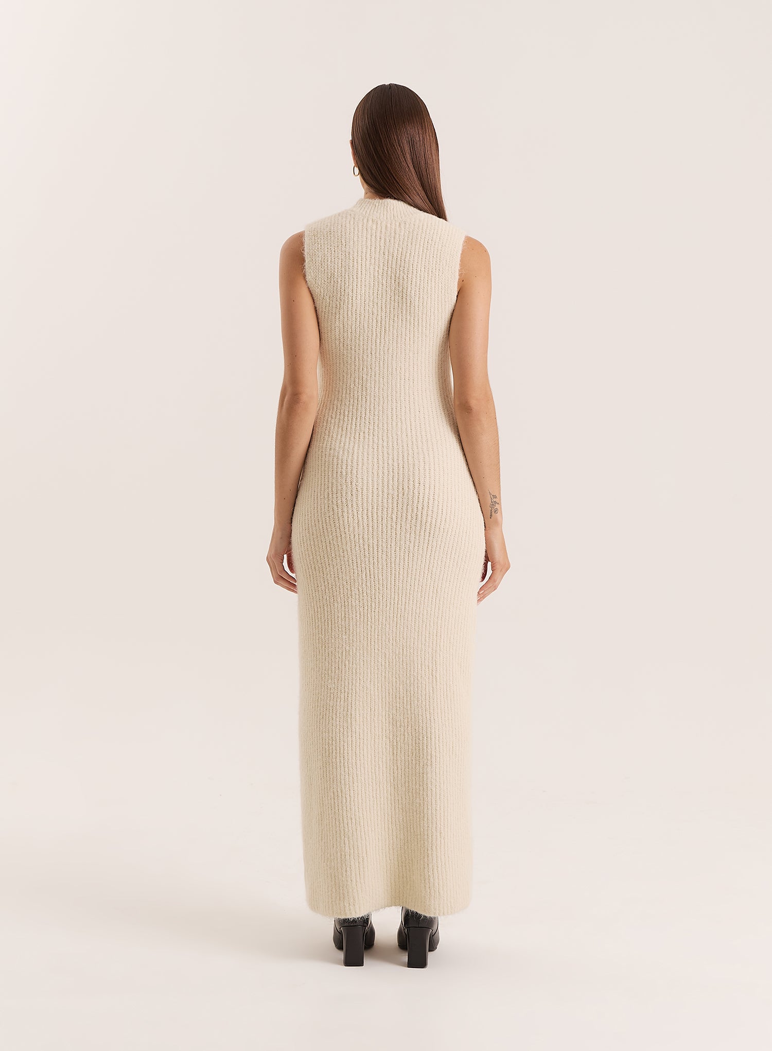 Beige High Neck Knitted Sleeveless Dress