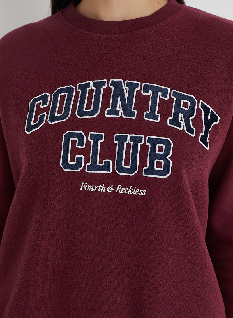 Burgundy Country Club Slogan Oversized Sweatshirt- Charli