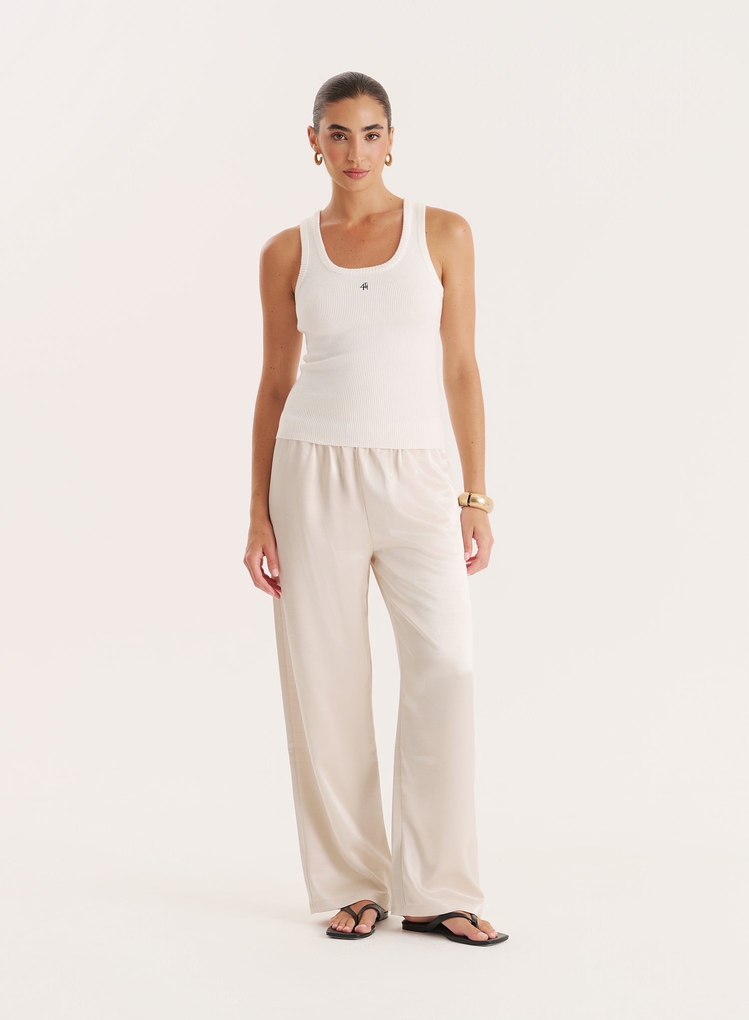 Cream Satin Elasticated Waist Wide Leg Trouser