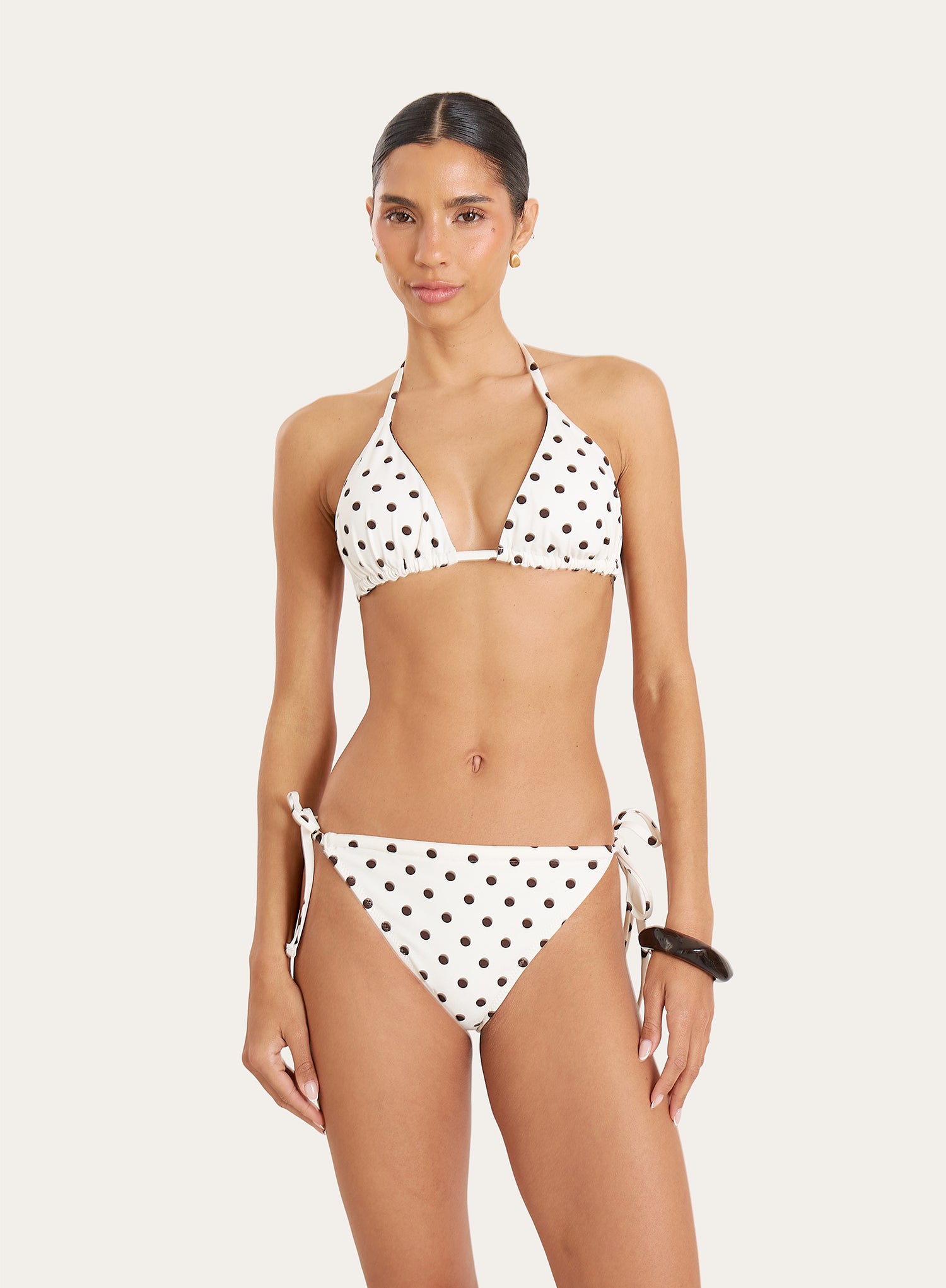 Brown And White Polka Dot Tie Waist Bikini Bottoms