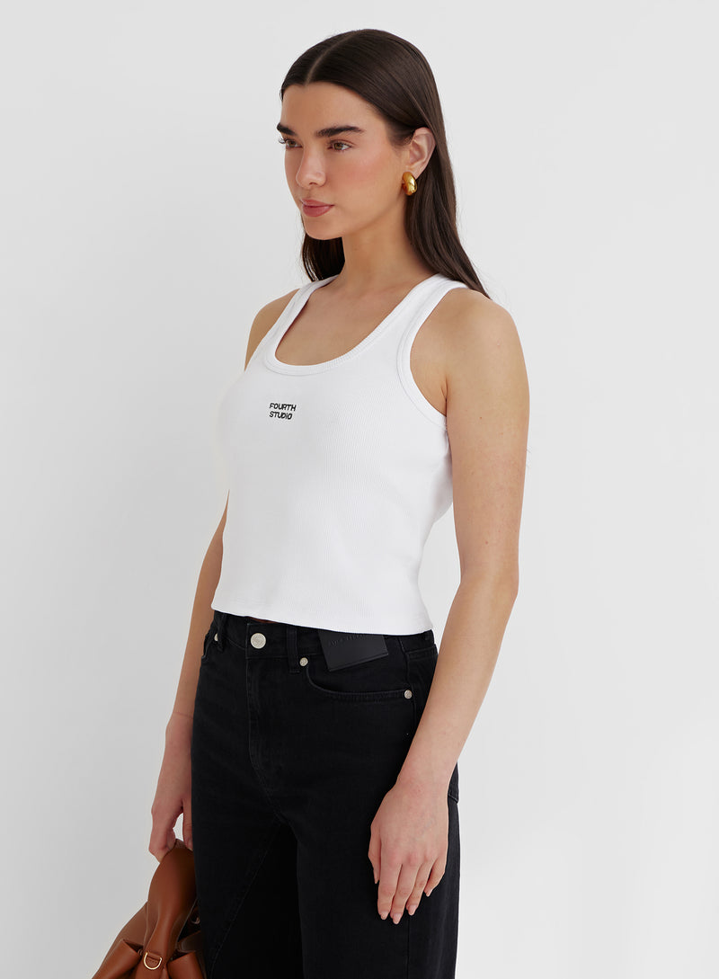 White Ribbed Embroidered Slogan Vest Top- Seona