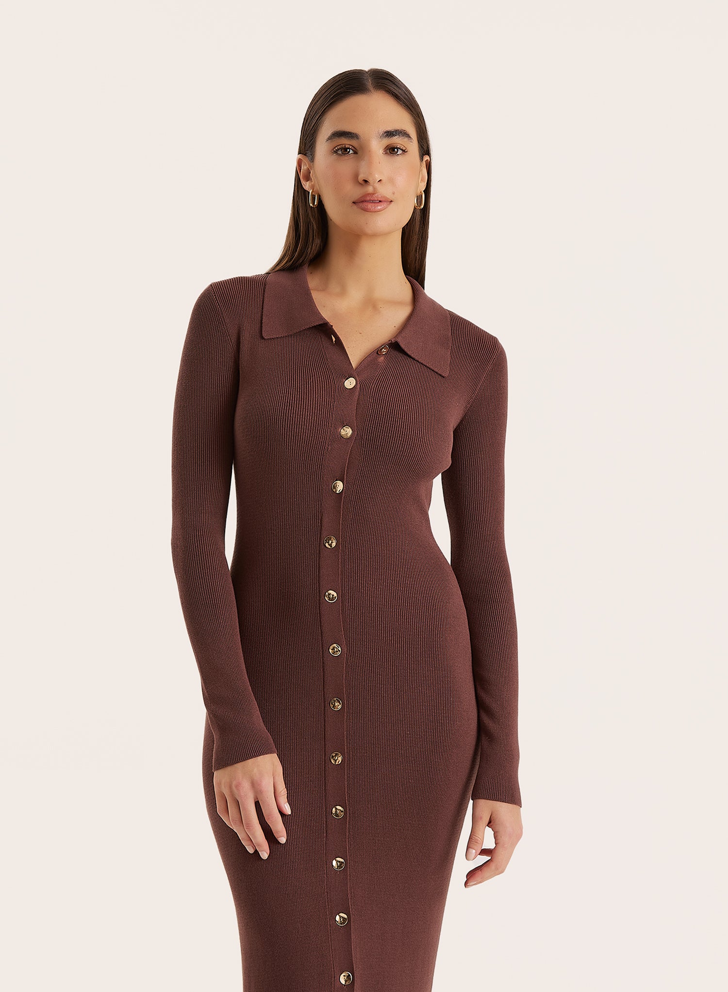Chocolate Collared Button Down Knitted Dress