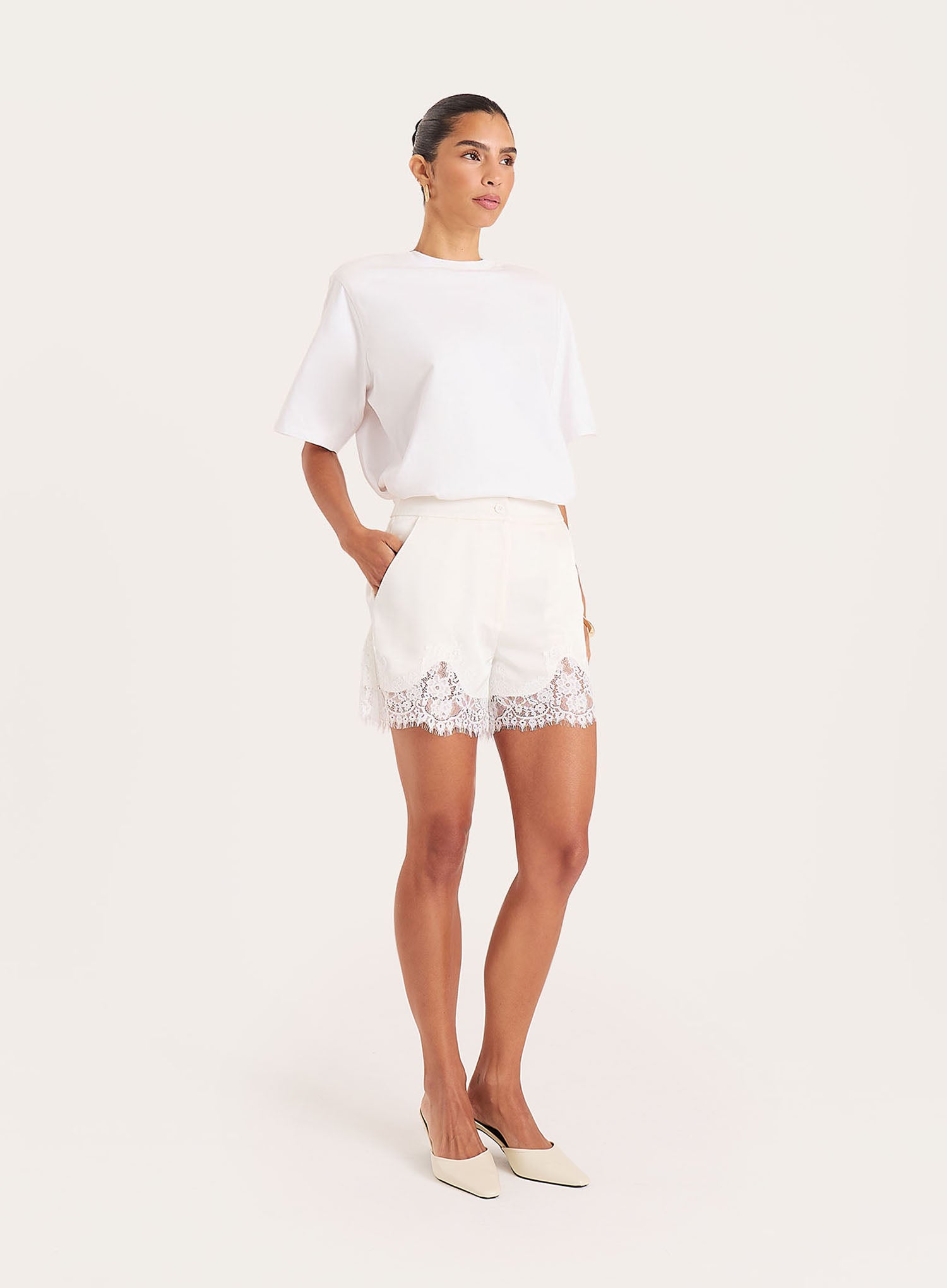 Cream Satin Lace Trim Shorts