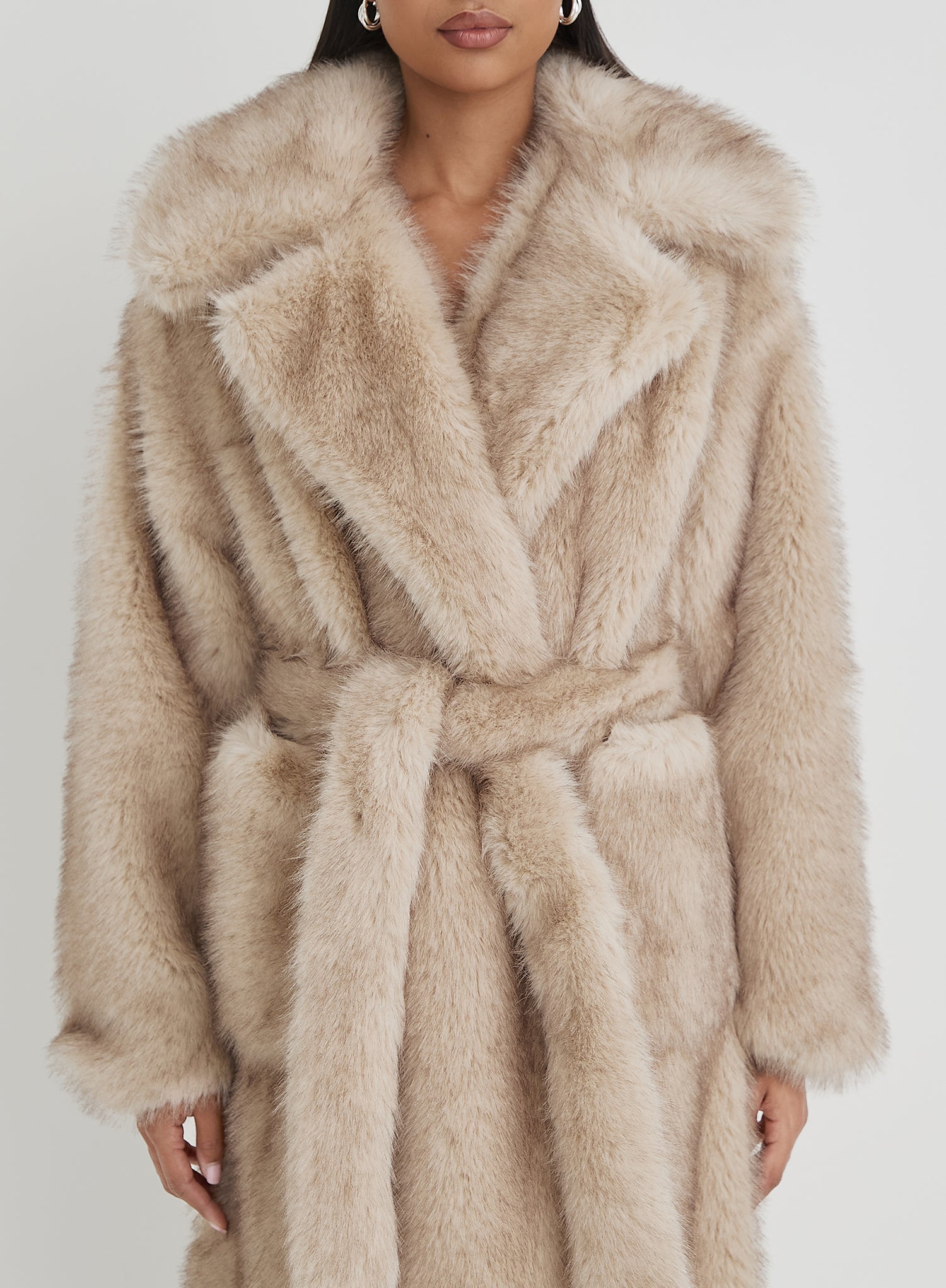 Beige Faux Fur Oversized Tie Waist Maxi Coat- Schiffer