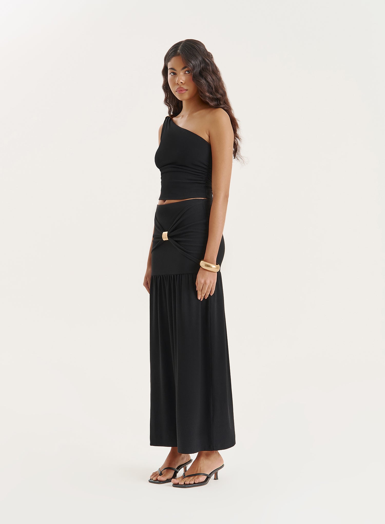 Black Gold Hardware Detail One Shoulder Top- Mai