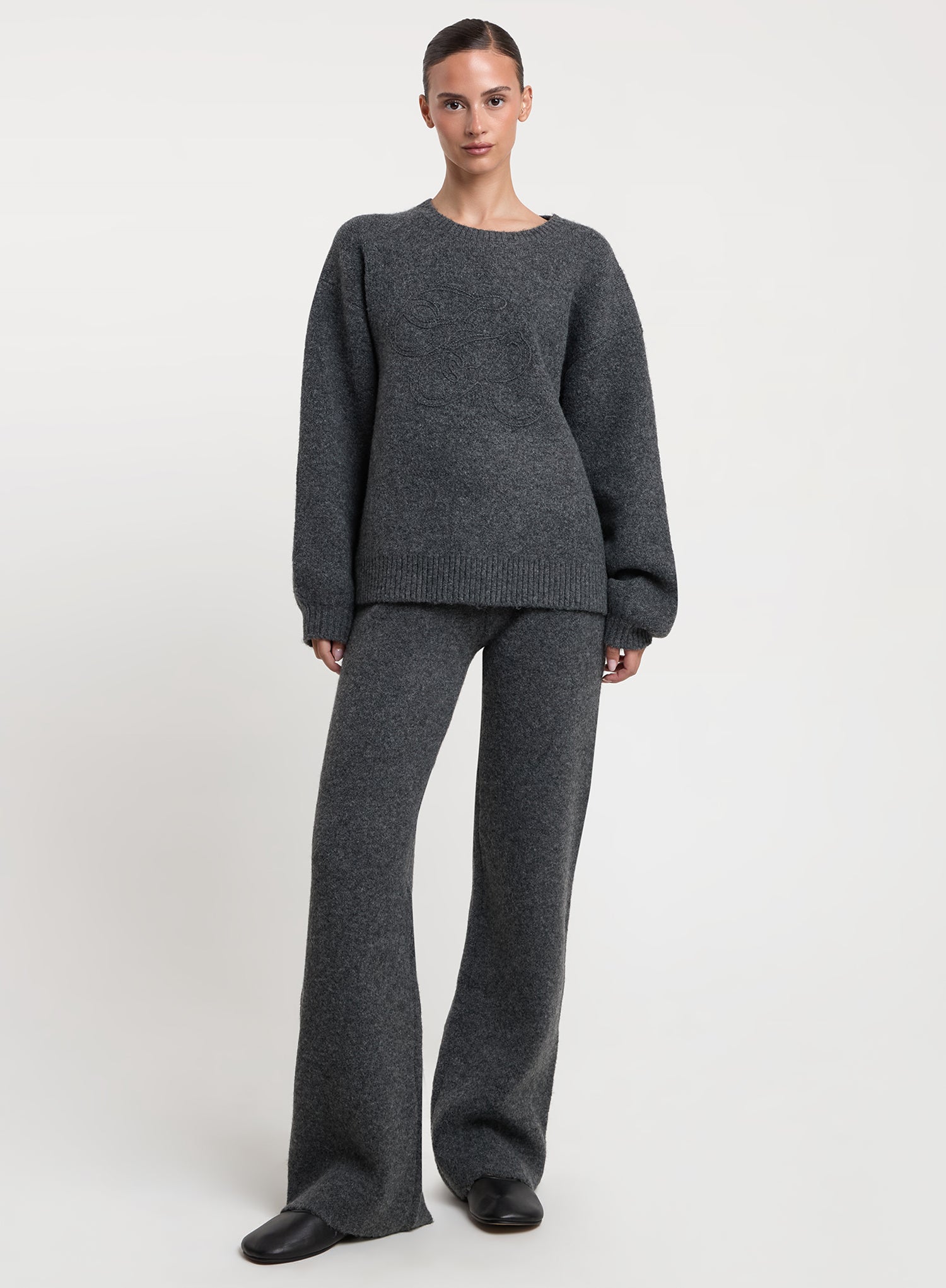 Charcoal Wool Blend Knitted Wide Leg Trousers