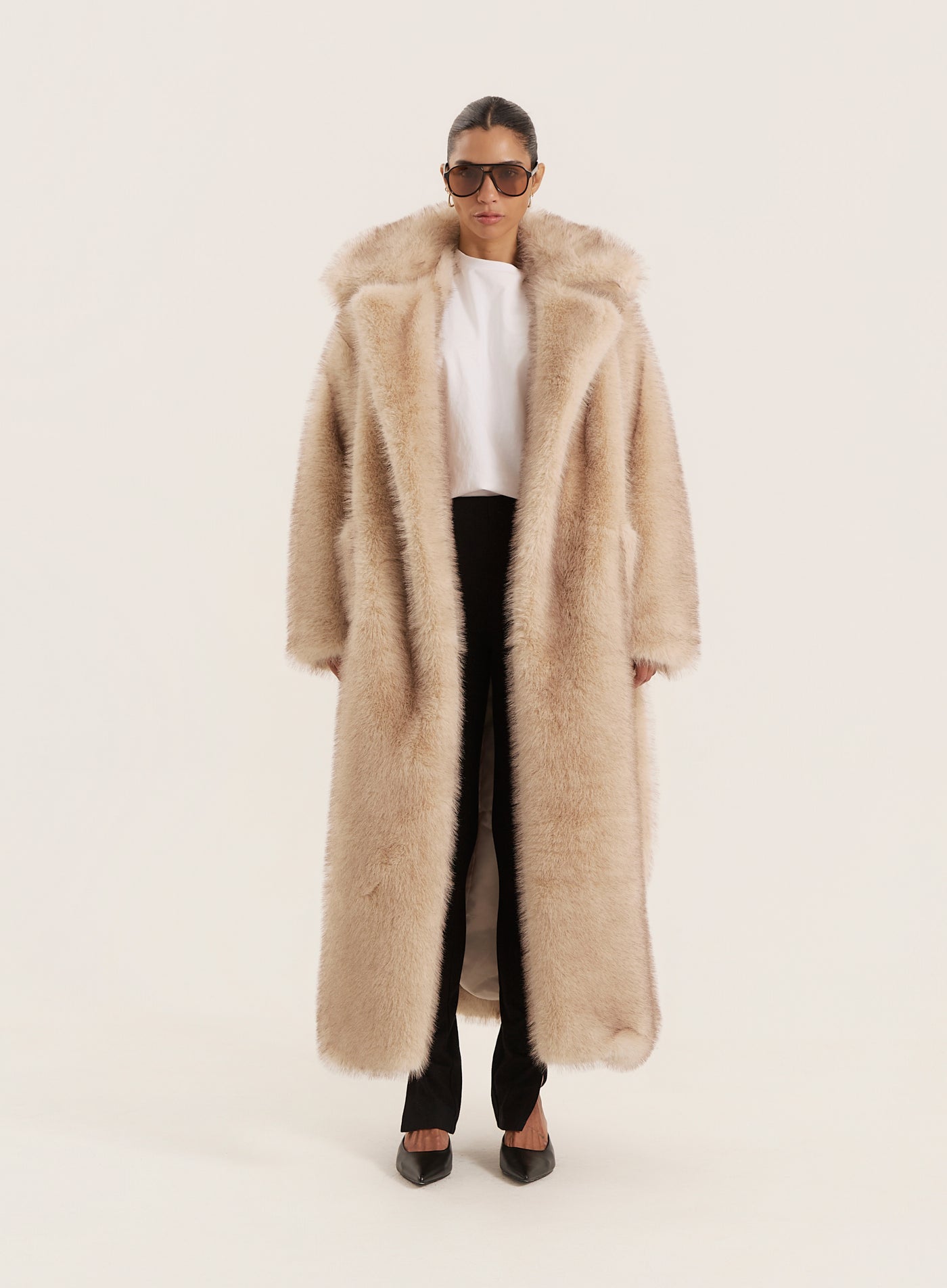 Beige Faux Fur Oversized Tie Waist Maxi Coat